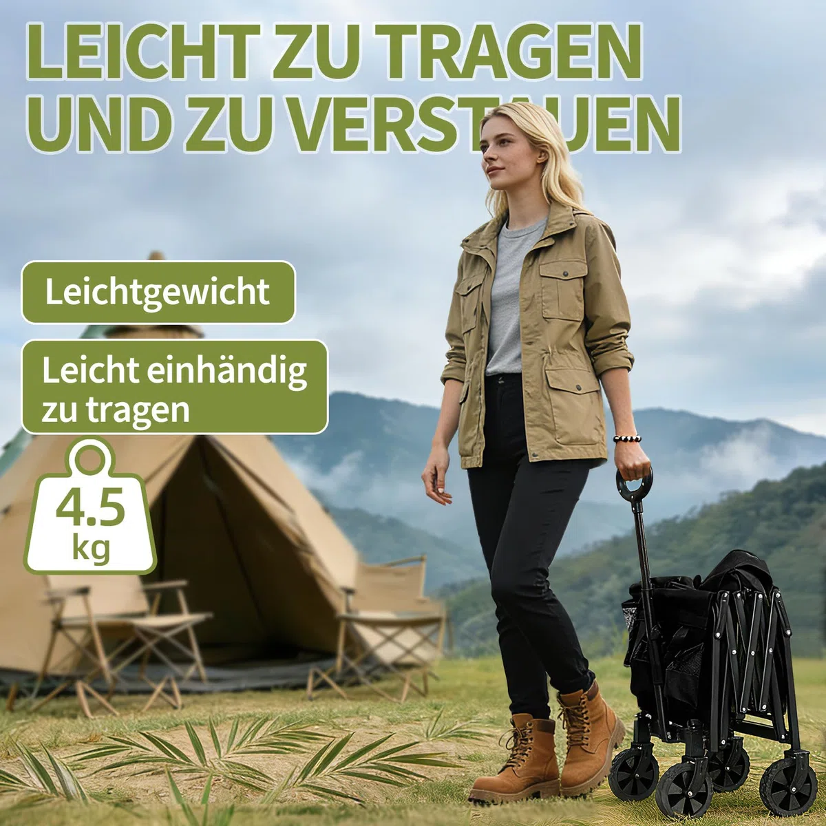 Bollerwagen faltbar,Tragfähigkeit 210 kg, Multifunktionaler Faltwagen mit geländegängigen Rädern, tragbar für Camping, Garten, Einkaufen und Strand (Schwarz, 120L 100 kg Tragfähigkeit)