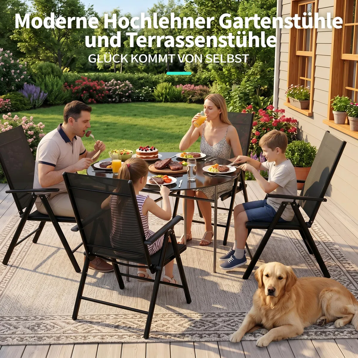 2026 Aufwertung 4er Set Klappbare Hochlehner Gartenstühle, Regulierbarer 7 Winkel Wetterfeste Terrassenstühle mit Atmungsaktives Textilene & Stahlgestell für Garten, Balkon, Terrasse, Poolbereich