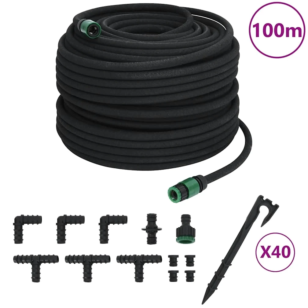 vidaXL Tropfschlauch, Bewässerungsschlauch mit Zubehör für Garten, Gartenschlauch für Bewässerung, Wasserschlauch Schlauch, Schwarz 0,6" 100m Gummi