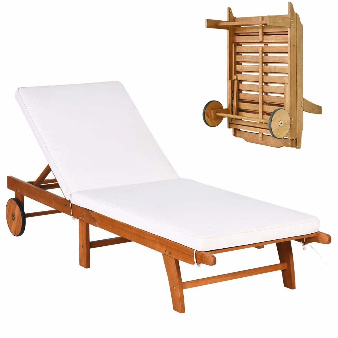GIANTEX Sonnenliege Klappbar, Mobile Gartenliege mit Rollen, Liegestuhl mit Verstellbarer Rückenlehne, inkl. Kissen, Relaxliege Strandliege Massivholz bis 160 kg belastbar, Liege Garten (Holz)