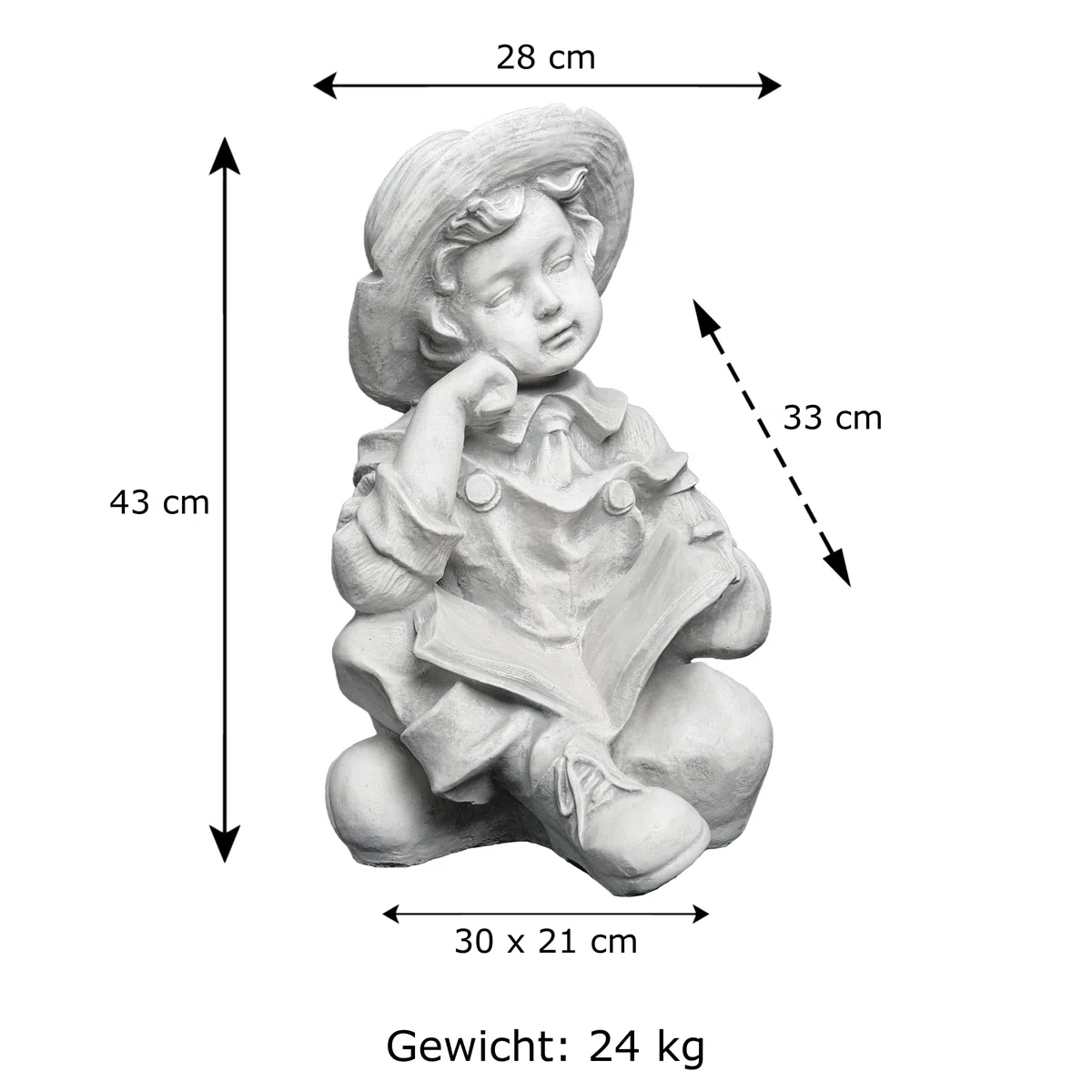 gartendekoparadies.de Jungen Figur mit einem Buch, Steinfigur H. 43 cm, 24 kg, Grau, frostsicher aus Steinguss für Außenbereich