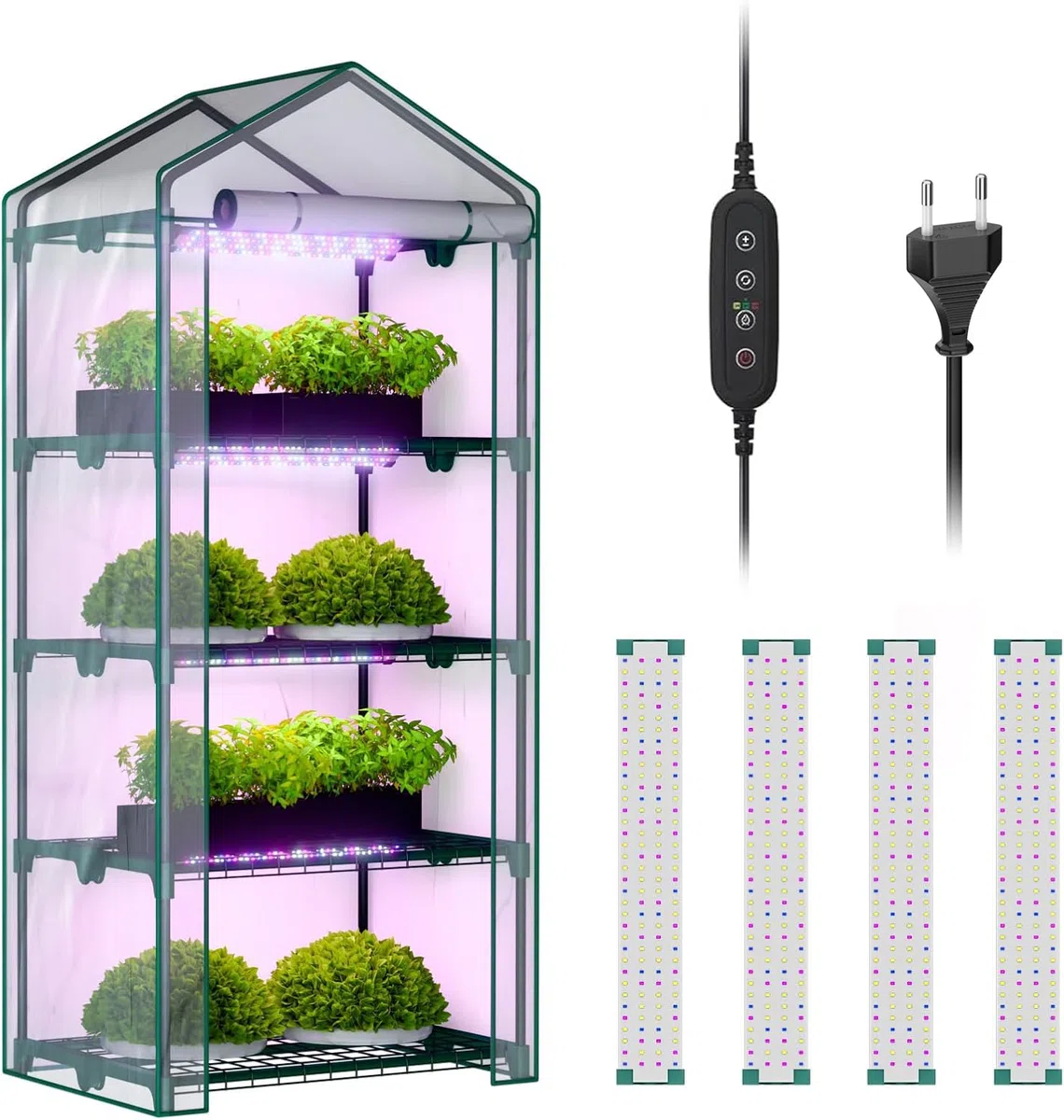 4-stöckiges Zimmergewächshaus mit LED-Wachstumslichtern, 68,5 x 48 x 157,5 cm, Mini-Gewächshaus, PVC-Abdeckung, dimmbar, 28 W Timer-Steuersystem für Saatgutstart und Pflanzenwachstum