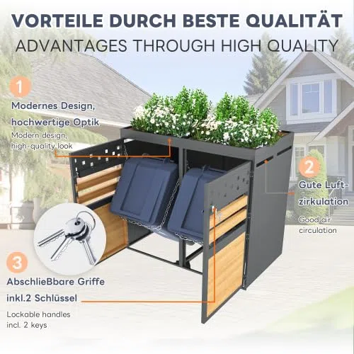 Merax Mülltonnenbox 4er Set mit Pflanzdach, für 120-240 Liter, Anthrazit Tür in Holzoptik, Erweiterbar, Garten Aufbewahrungsbox für Mülltonnen
