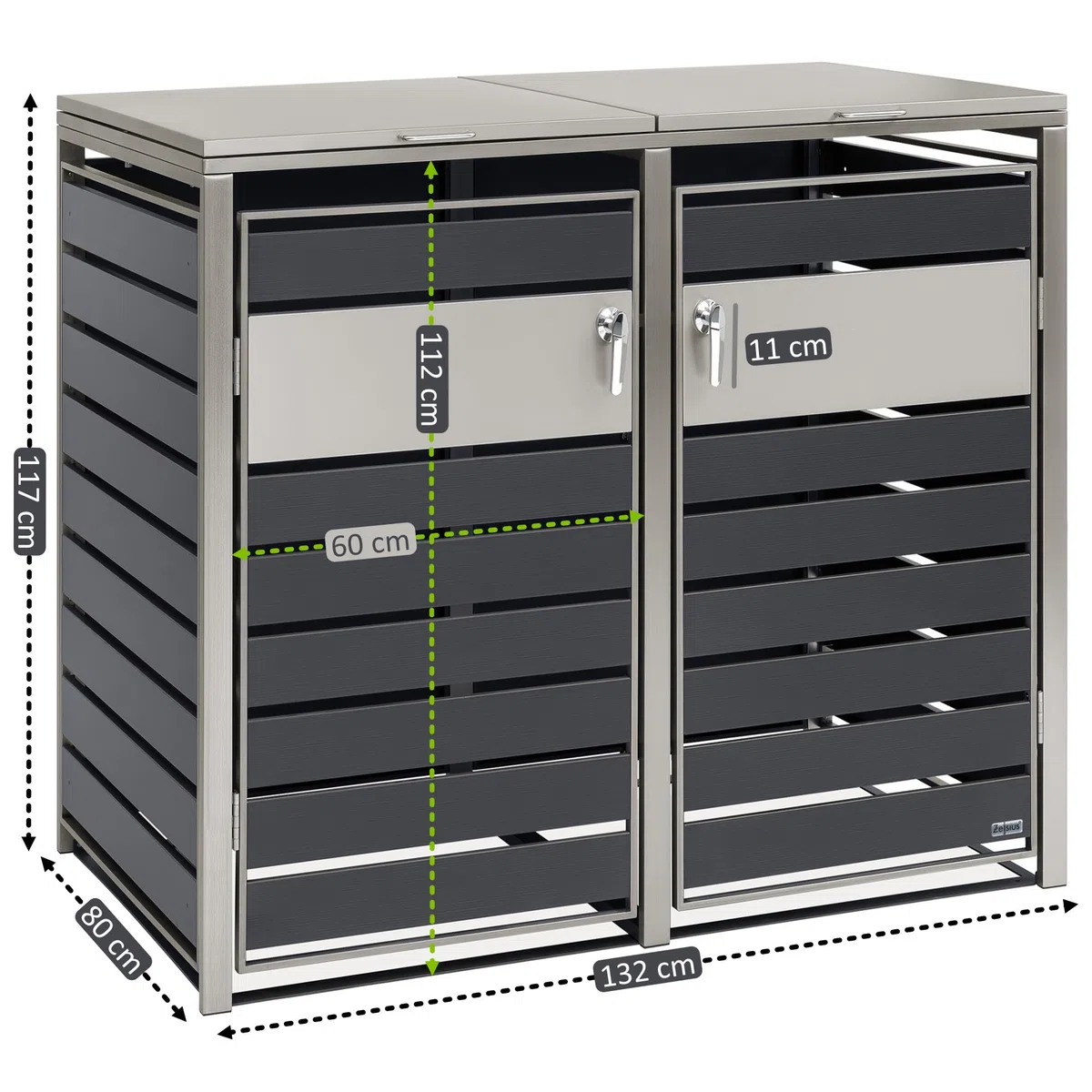 Zelsius Mülltonnenbox 2er Mülltonnen | (B) 132 x (T) 80 x (H) 117 cm | Anthrazit | inkl. Erweiterungsmöglichkeit | Mülltonnenverkleidung, Garten Müllbox, Müllhaus, 2 Tonnen