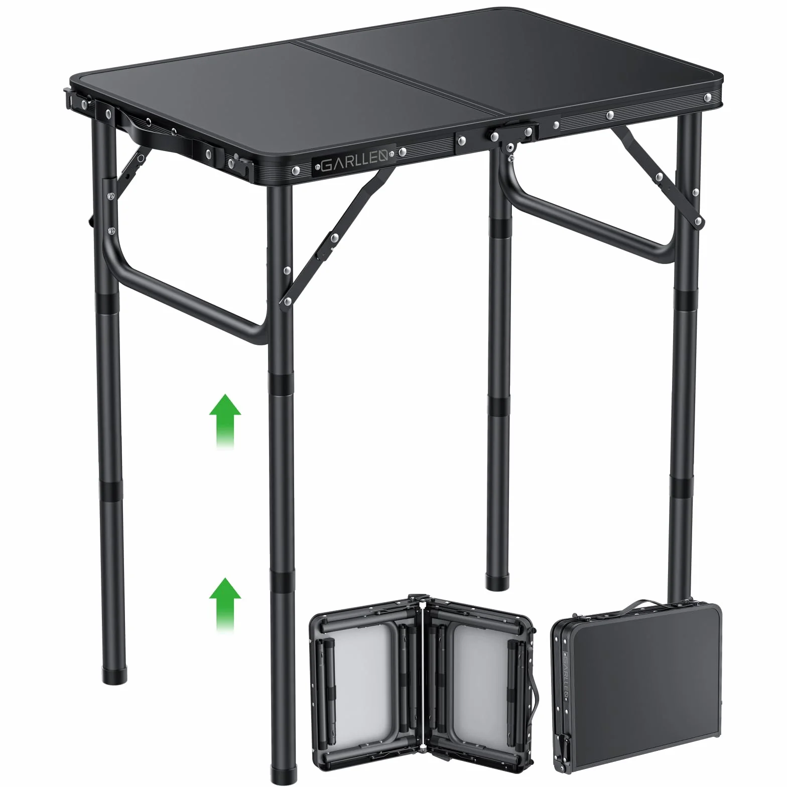 GARLLEN Campingtisch klappbar, 58x40cm & 3 einstellbare Höhen(26/48/70cm), Klapptisch Camping Tisch, Tragbar Beistelltisch Grilltisch Gartentisch Picknicktisch für Camping Picknick Garten (Schwarz)