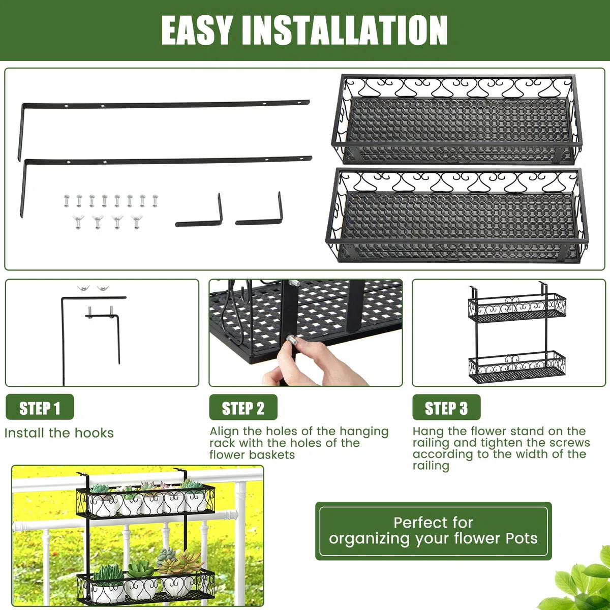 FANTASK 2-stöckiges Blumenregal Balkon, 60 x 33 x 59 cm, Blumentopfhalter Metall mit verstellbaren Haken, Hängeregal, Topfpflanzenbehälter für Garten Balkon Terrasse (Schwarz)