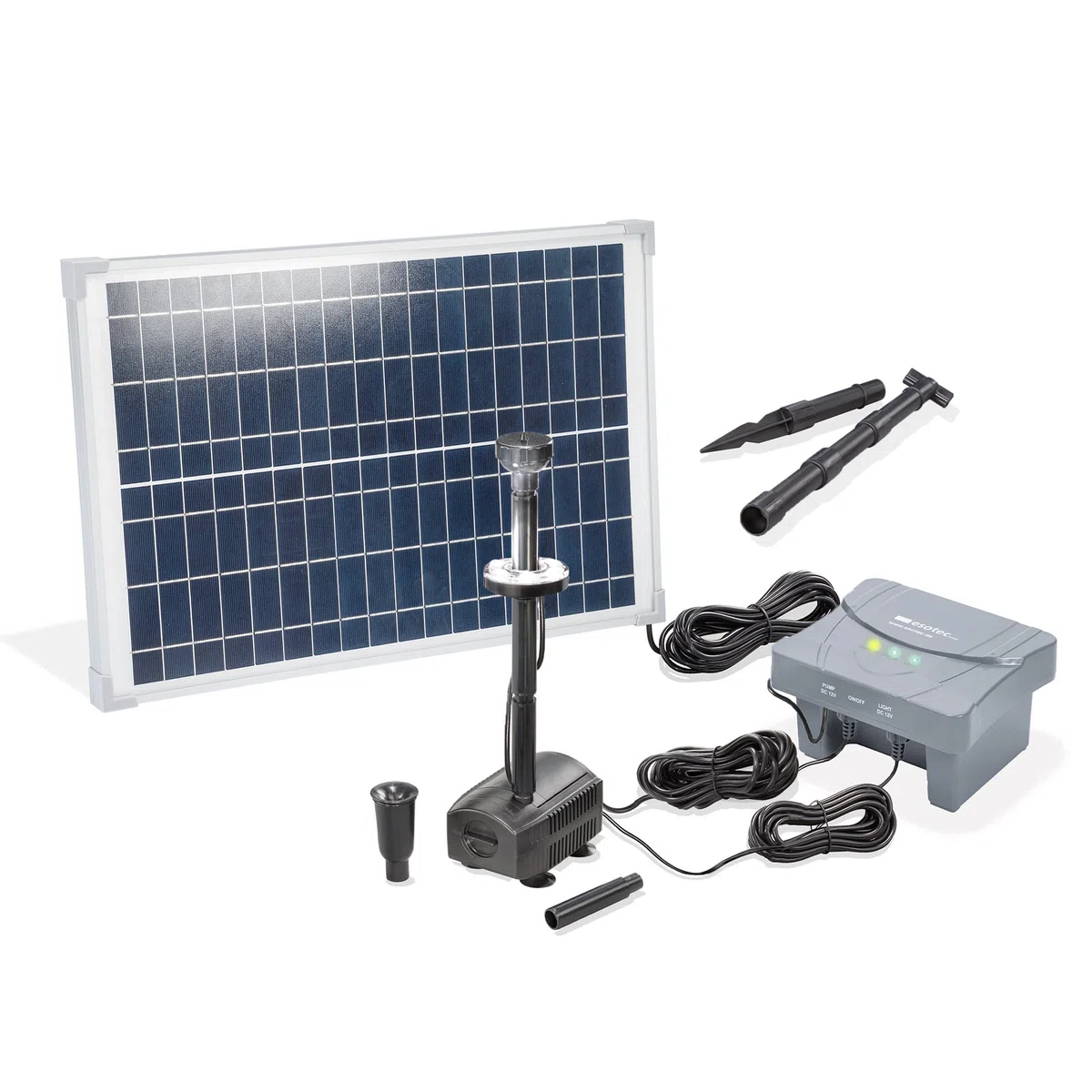 esotec Solar LED Teichpumpenset 25 700, LiFePo4 Akku, Sprinklerpumpe 700/h, Filter, Erdspieß, Solarmodul 15W, Solarbrunnen Gartenteich, Wasserspiel Springbrunnenpumpe, Komplettset, außen, 101938