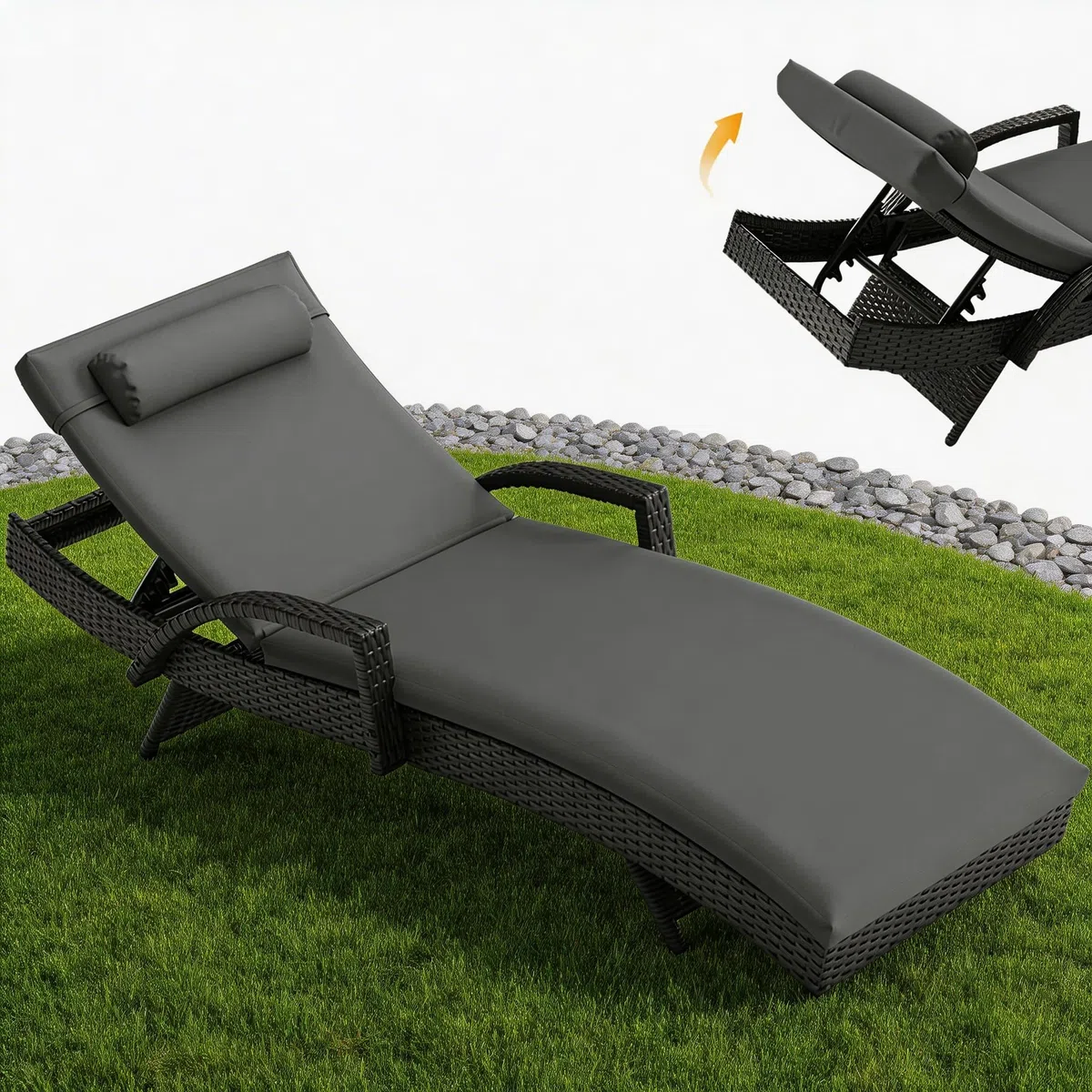 UDPATIO Polyrattan Sonnenliege, 5-Fach Verstellbarer Rückenlehne Gartenliege, Wetterfest Rattanliege mit Polsterauflage & Kopfkissen für Garten, Balkon und Terrasse - Schwarz & Grau Bezüge