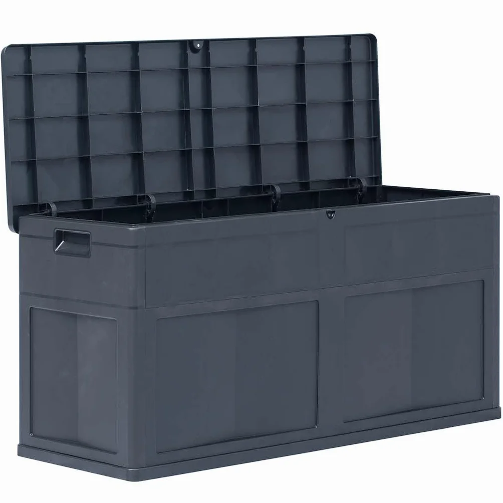 Garten-Aufbewahrungsbox 320 L Schwarz, Stauraum für Kissen Decken Werkzeuge, Robuste Kunststoff Truhe mit Holz-Optik für Innen und Außen, Vielseitige Aufbewahrungslösung,
