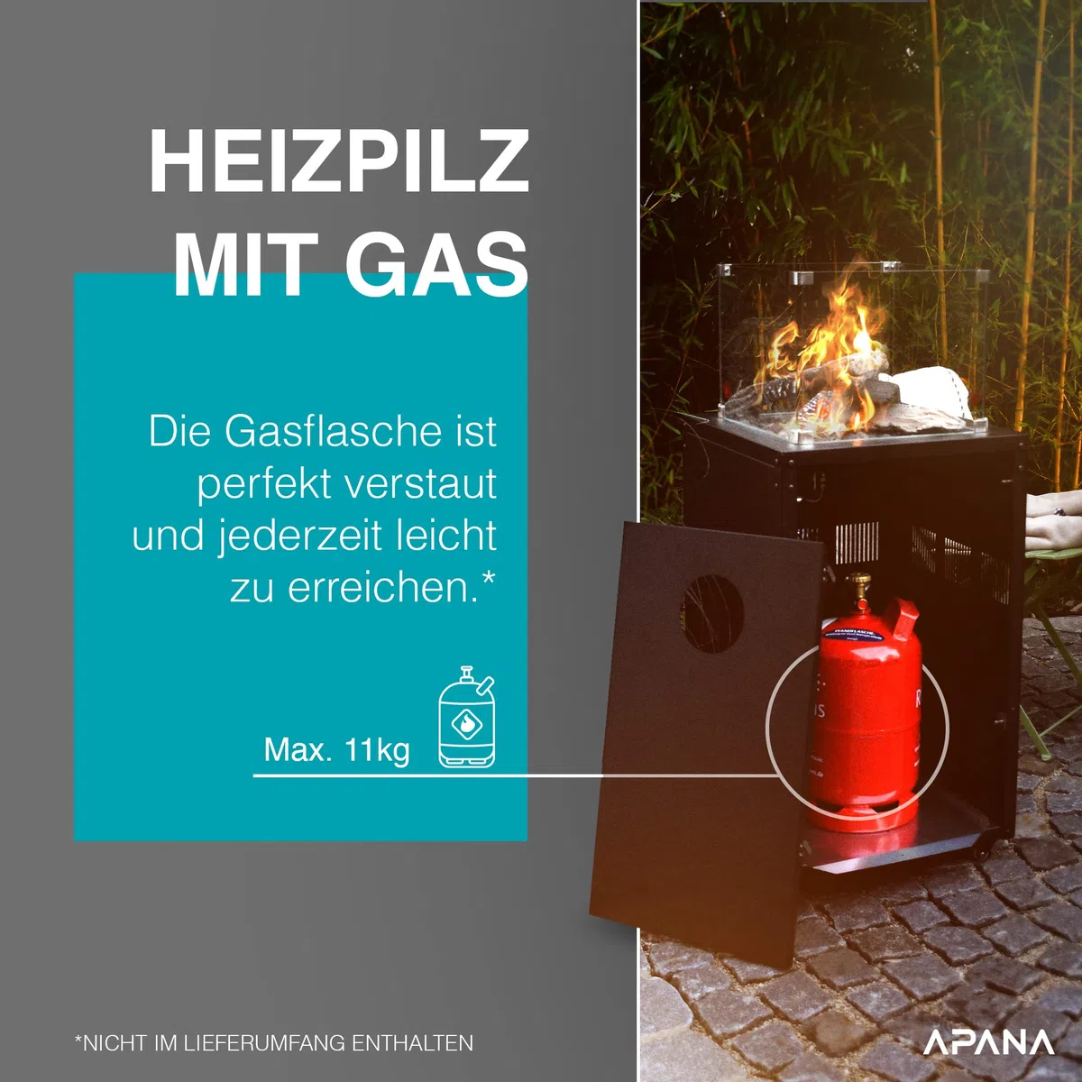 APANA Gas Heizstrahler FUEGO 8kW – Terrassenfeuer mit Sichtfenster & Rollen – Heizpilz für Garten, Balkon & Terrasse – inkl. Abdeckhaube, Umkippsicherung & Abschaltautomatik – anthrazit