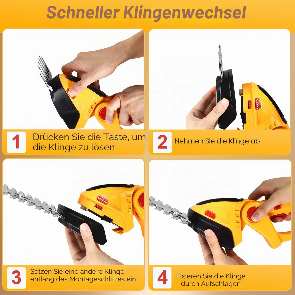 Akku Gras und Strauchschere 24V Rasenschere, Elektrische Heckenschere Rasentrimmer für Gartenarbeit mit verschiedenen Messer Aufsätzen, 30 cm Schere, 10 cm Grasmesser, Zwei 1500mAh Akkus und Ladegerät