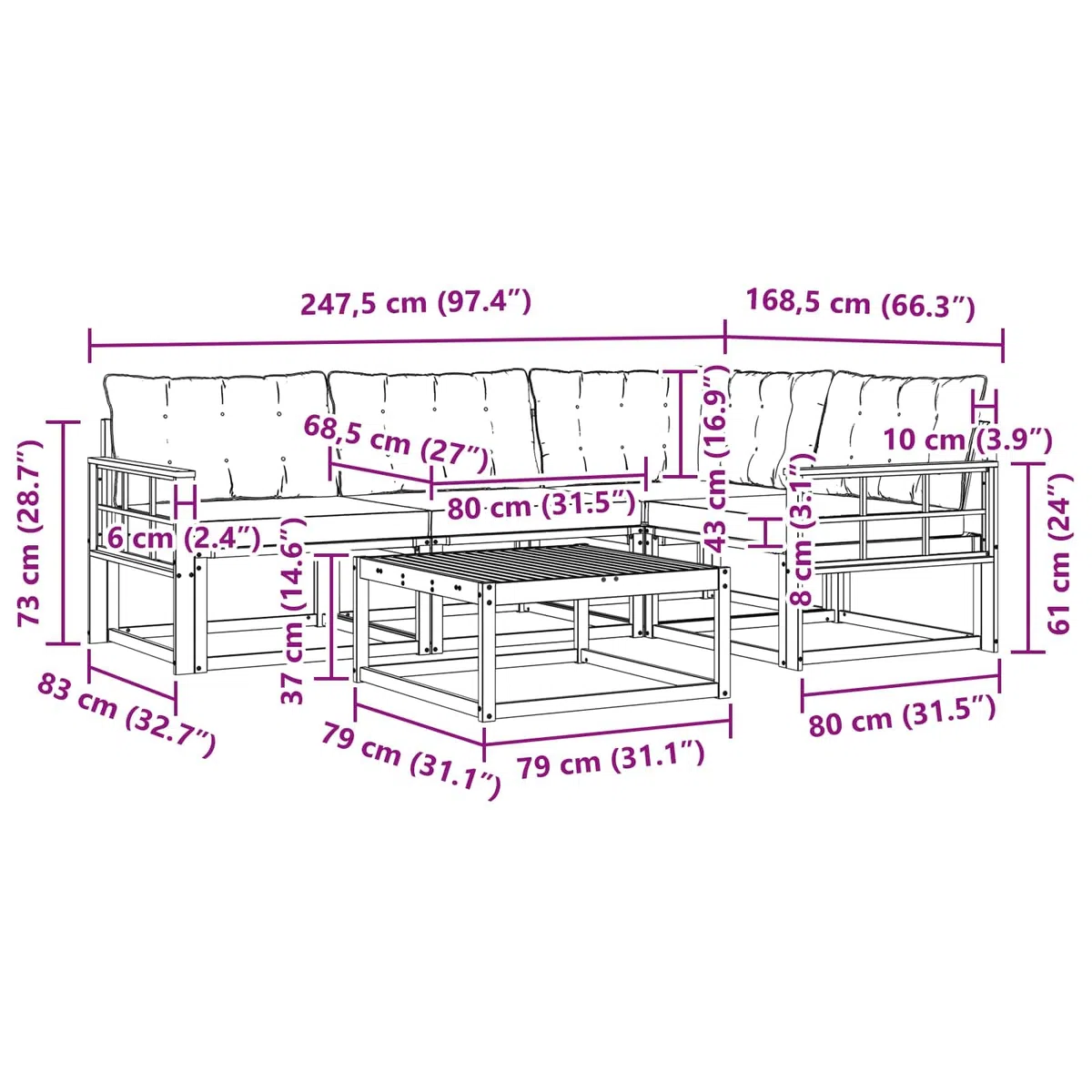 Outdoor-Sofagarnitur 5-teilig Weiß Schwarz wetterfestes Massivholz Möbelset für Garten Balkon Terrasse modulare Sitzgruppe für 4 Personen mit Tisch und Rückenlehnen