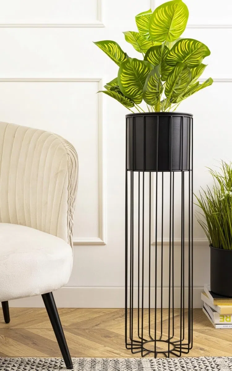Moderne Blumenständer Metall 70 cm Hoch mit Schwarz Blumentopf Rund 19 cm Ø auf Robuste Ständer - Pflanzenständer zur Dekoration Innenräumen