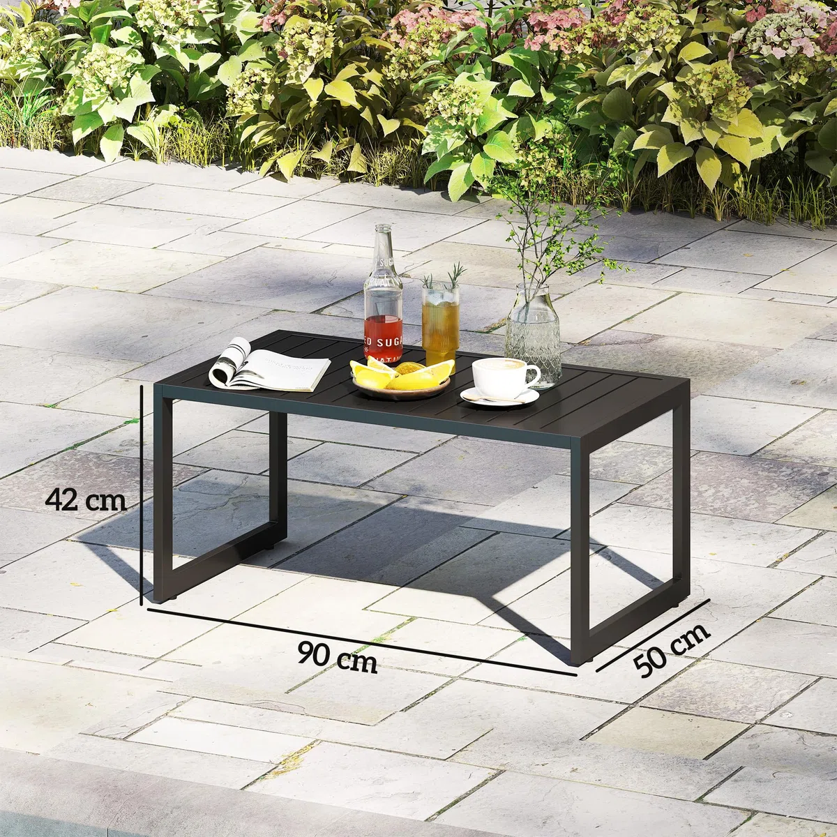 Outsunny Beistelltisch Loungetisch Outdoor 90 x 50 x 42 cm Schwarz | Lamellendesign, Wetterfest, Aluminium, Pflegeleicht, Balkontisch, Kaffeetisch, Gartentisch, Für Balkon Garten Terrasse