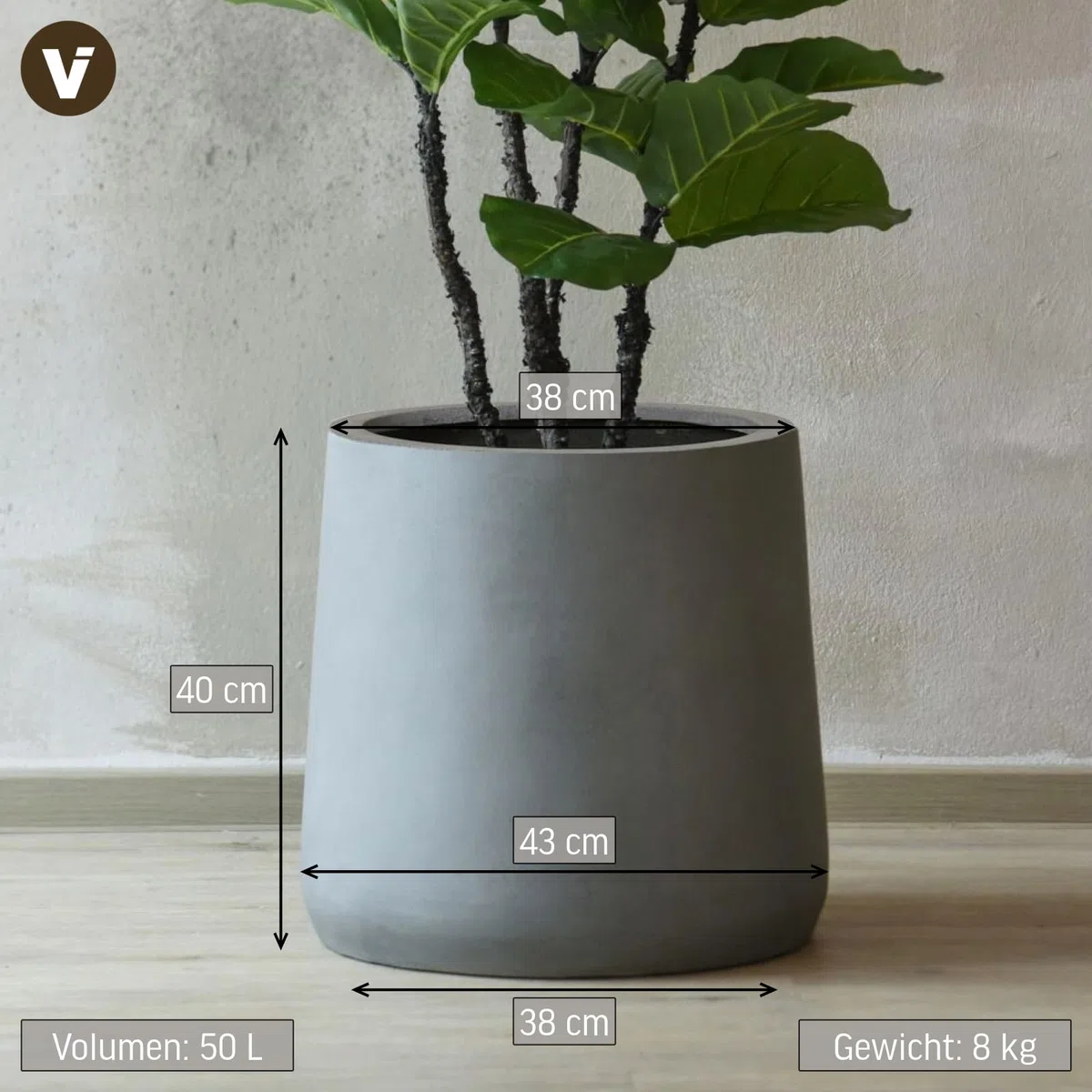 VIVANNO Pflanzkübel Blumentopf in Beton-Optik Fiberglas, 40x38 cm, Wetterfest und Frostsicher, Für Innen- und Außenbereiche