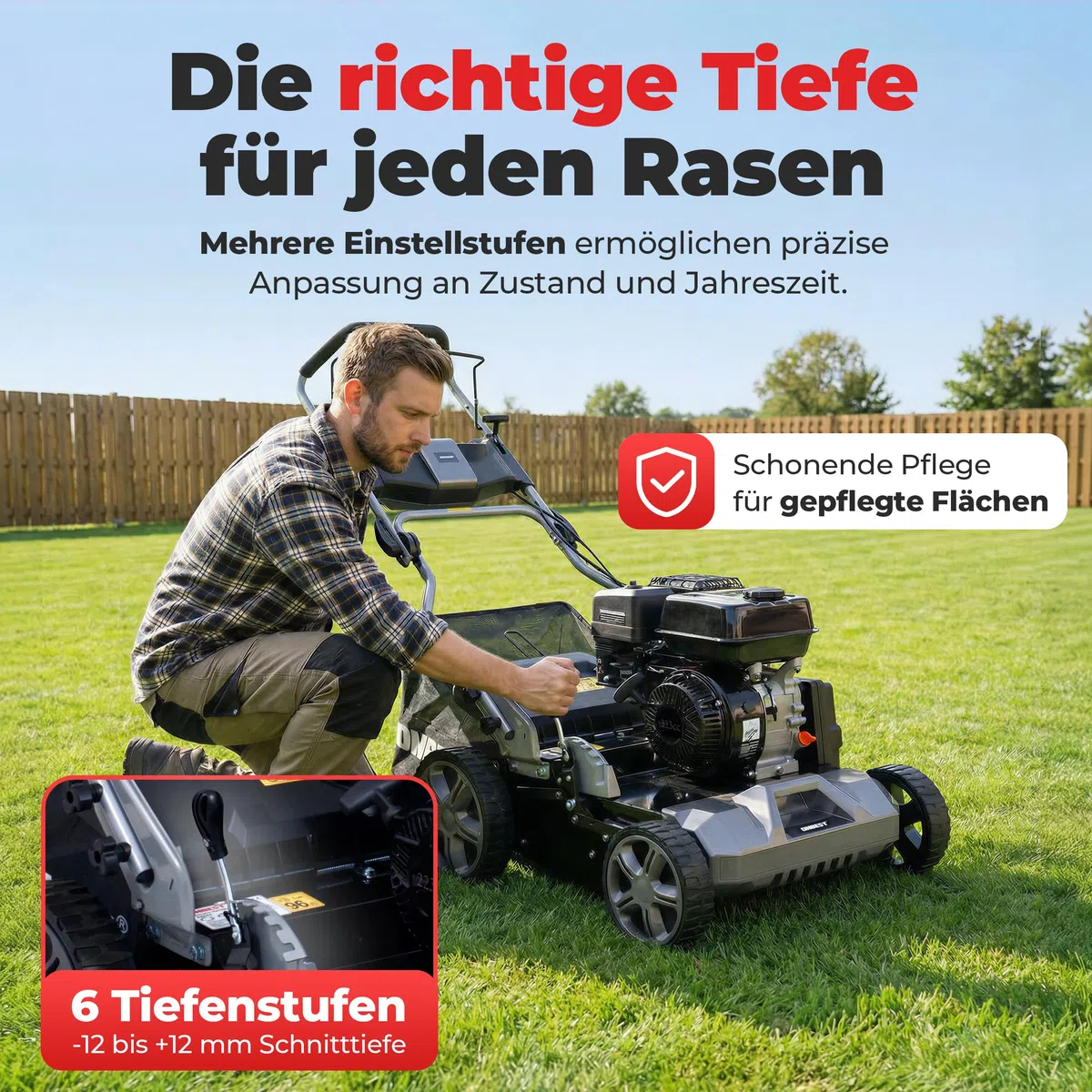 ONBEST Benzin Vertikutierer 4,5 kW 6,12 PS 440 mm | Rasenvertikutierer und Rasenlüfter mit Messer- und Federkrallenwalze, 45 L Fangkorb und 6 Tiefenstufen