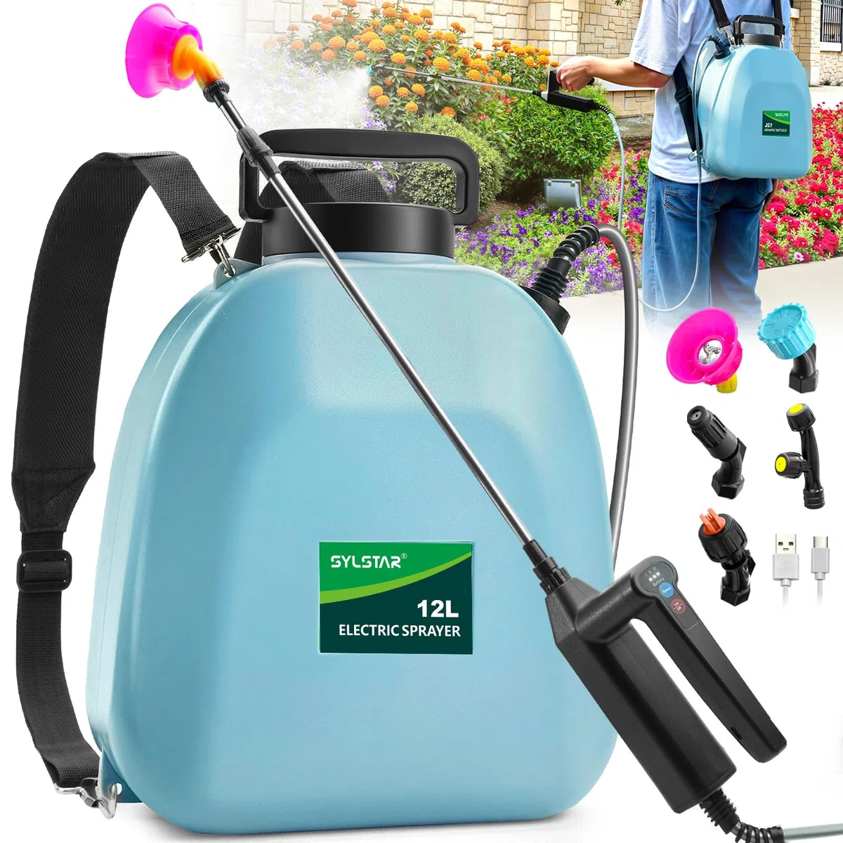 SYLSTAR Drucksprüher 12 Liter, 3 Sprühgeschwindigkeiten Drucksprüher Akku mit 5 Nebeldüsen,7.4V Stärker Rückenspritze für Gartenspritze, Unkrautspritze & Wassersprüher (12L)