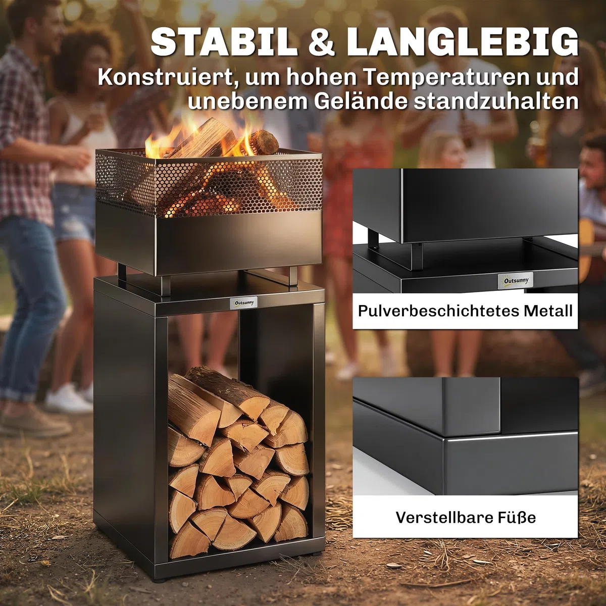 Outsunny Feuerschale mit Holzlager Kohlegitter 39 x 39 x 87 cm Schwarz | Feuerstelle, Verstellbaren Füßen, Feuerschalen Feuerkorb, für Garten Balkon Terrasse, Outdoor BBQ Camping
