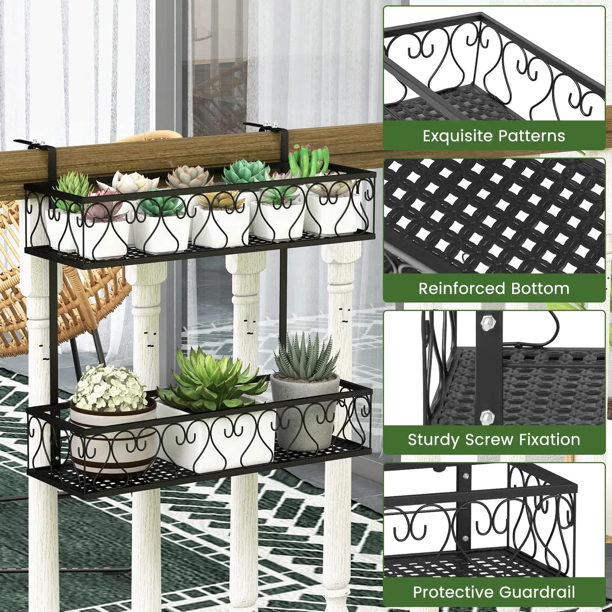 FANTASK 2-stöckiges Blumenregal Balkon, 60 x 33 x 59 cm, Blumentopfhalter Metall mit verstellbaren Haken, Hängeregal, Topfpflanzenbehälter für Garten Balkon Terrasse (Schwarz)