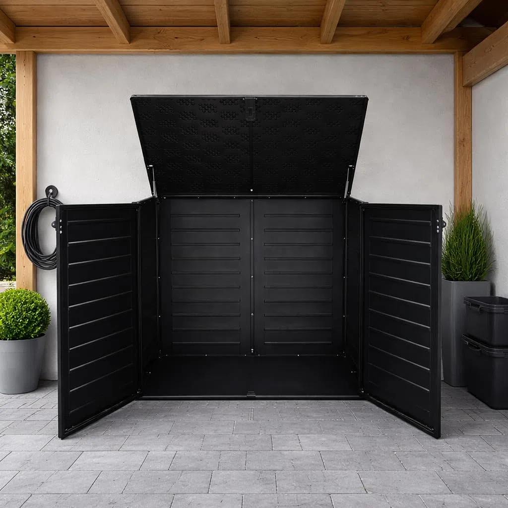 Koll Living Mülltonnenbox Tilia 1170 Liter – abschließbare Universalbox in Holzoptik, wetterfest & UV-beständig, aus Kunststoff, Schwarz
