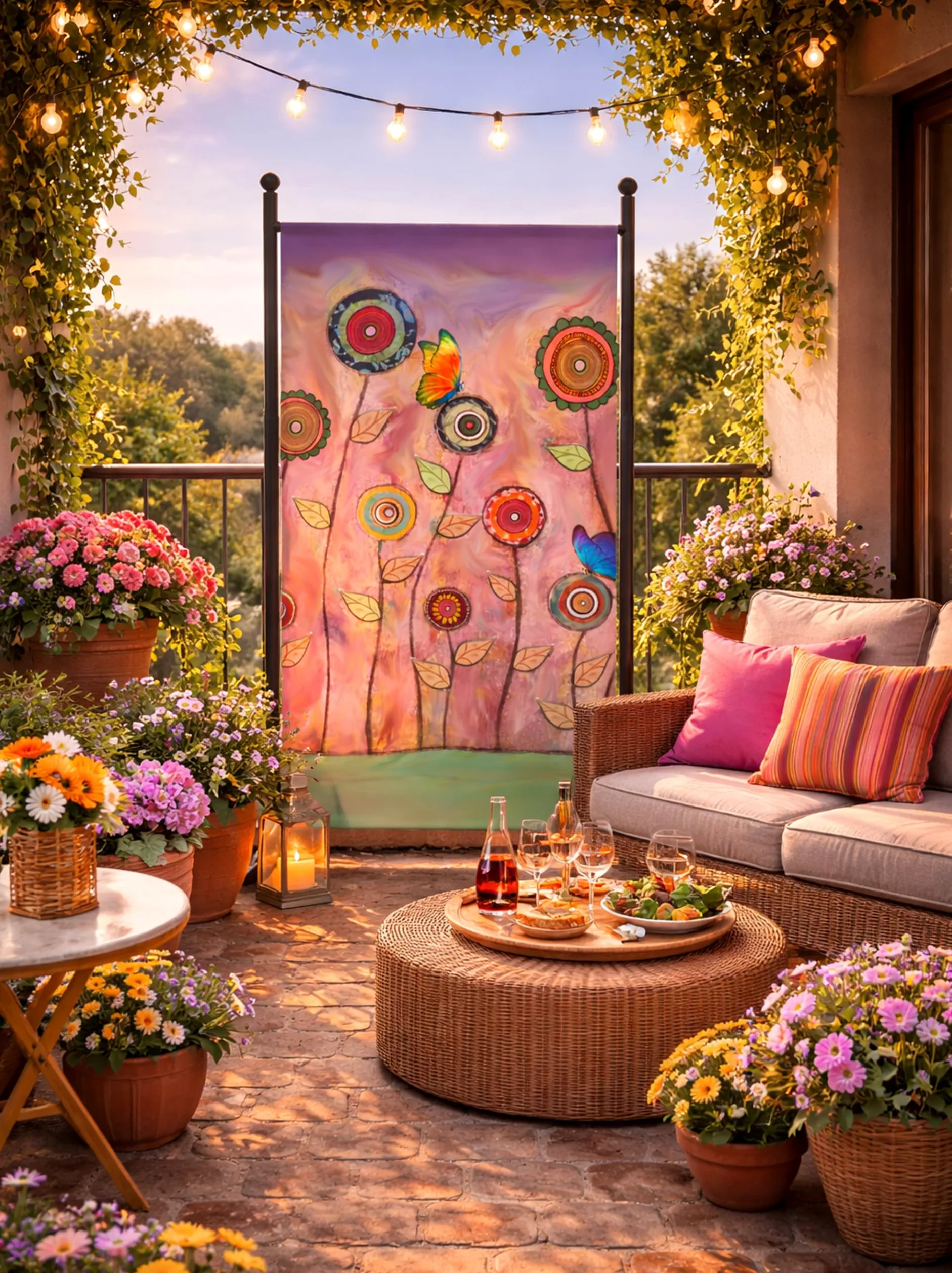 QUICK STAR Paravent Outdoor Wetterfest 180 x 78 cm Retro Flowers | Raumteiler Stellwand Innen | Garten & Balkon Sichtschutz Blickdicht
