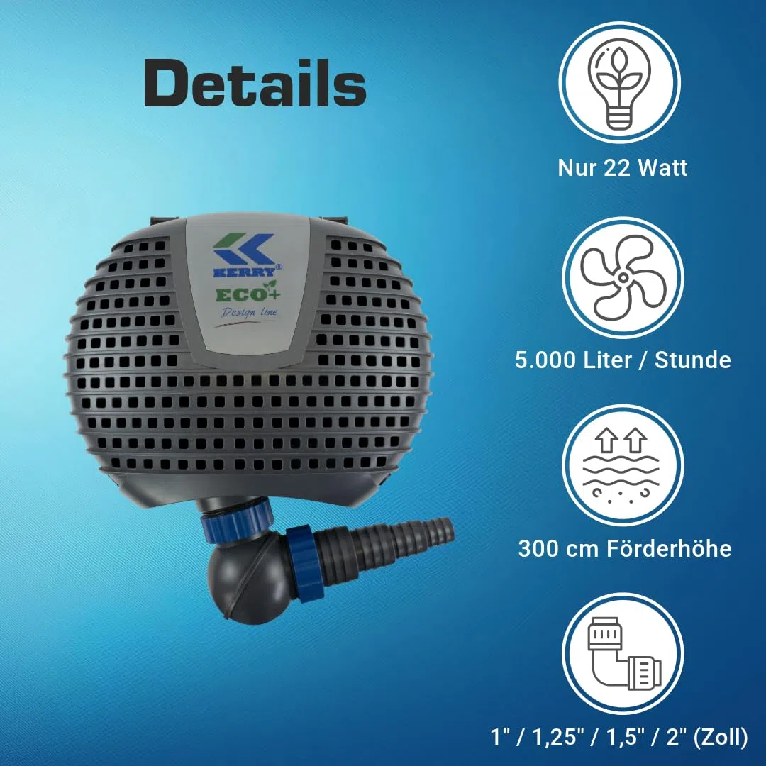 ECO Teichpumpe KEE05000-5000 L/H, nur 22 Watt energiesparend, Vorfilterkammer, 3m Förderhöhe, 10m Kabel, Wasserpumpe für Brunnen, Teich und Bach, Brunnenpumpe | Gartenteichpumpe