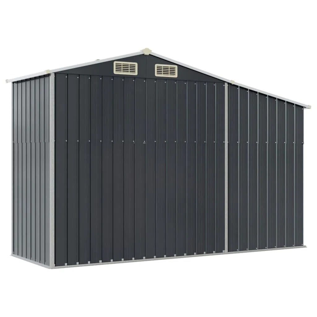Gerätehaus Anthrazit 277x93x179 cm aus verzinktem Stahl - Metallschuppen mit Brennholzregal und Schrägdach - Multifunktionaler Gartenschuppen für Gartengeräte und Kaminholz