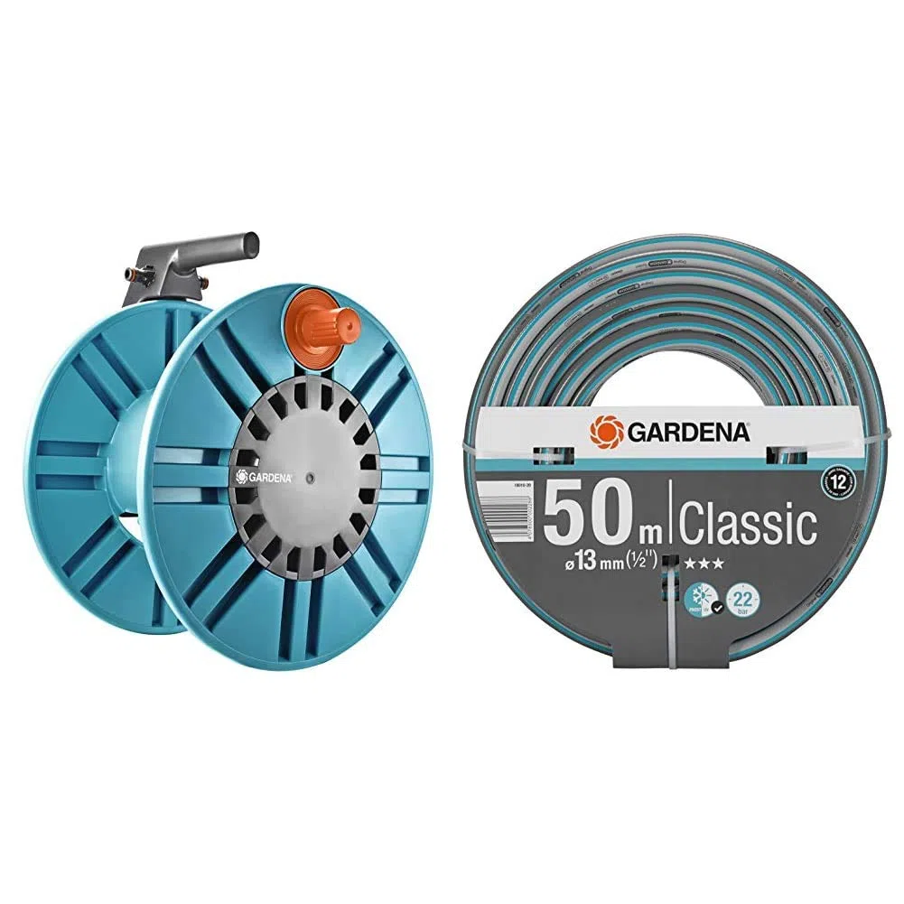 Gardena Classic Wand-Schlauchtrommel 60 mit Schlauchführungsrolle & Classic Schlauch 13 mm (1/2 Zoll), 50 m: Universeller Gartenschlauch aus robustem Kreuzgewebe, 22 bar Berstdruck