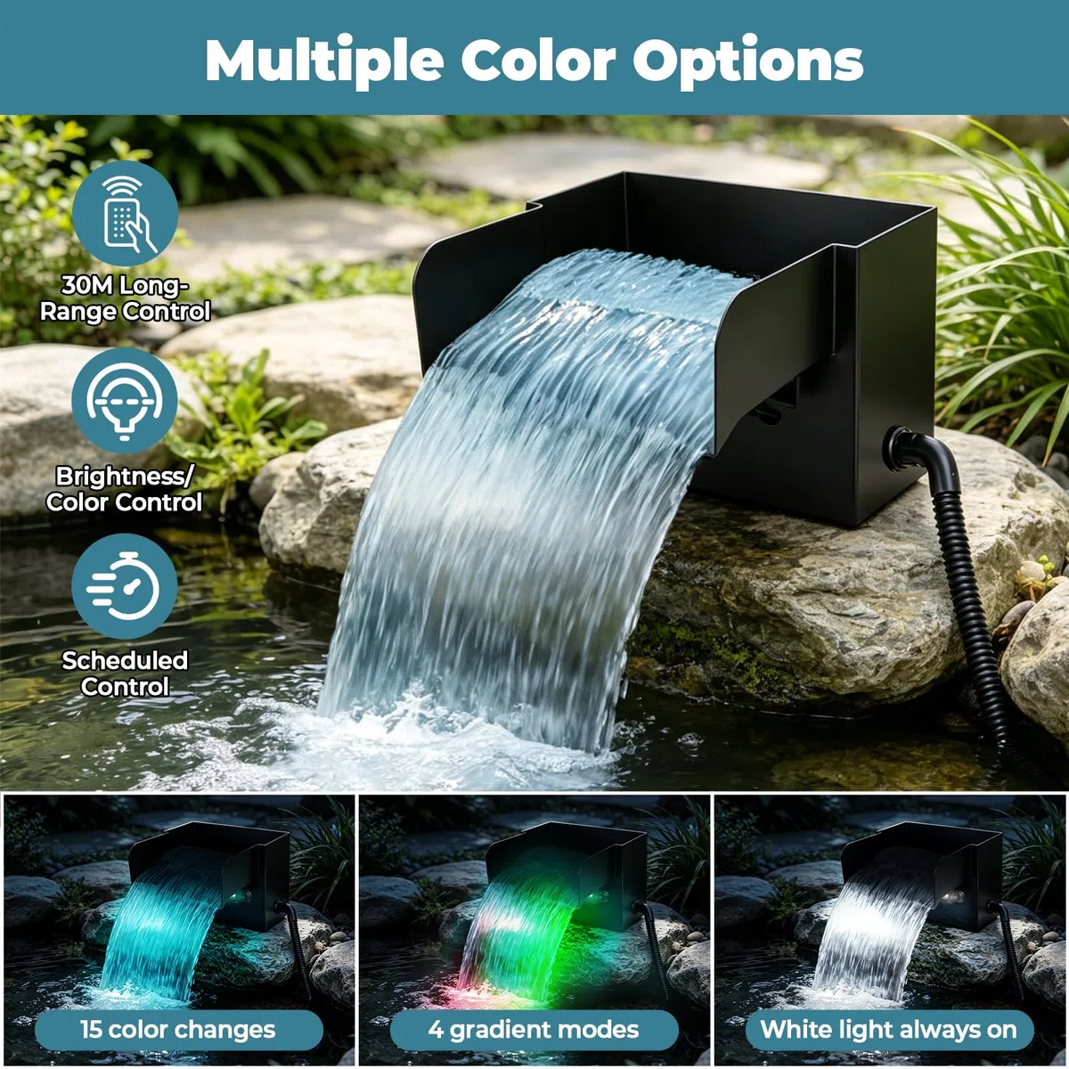 Teich Wasserfall Spillway 20cm Schwarze Edelstahl Wasserfall Teichfilter für Gartenteich Teich 45W 3000L/H with Pumpe und LED Licht für Wasserspiel Patio Terrasse Wasserwand Koiteich Außen