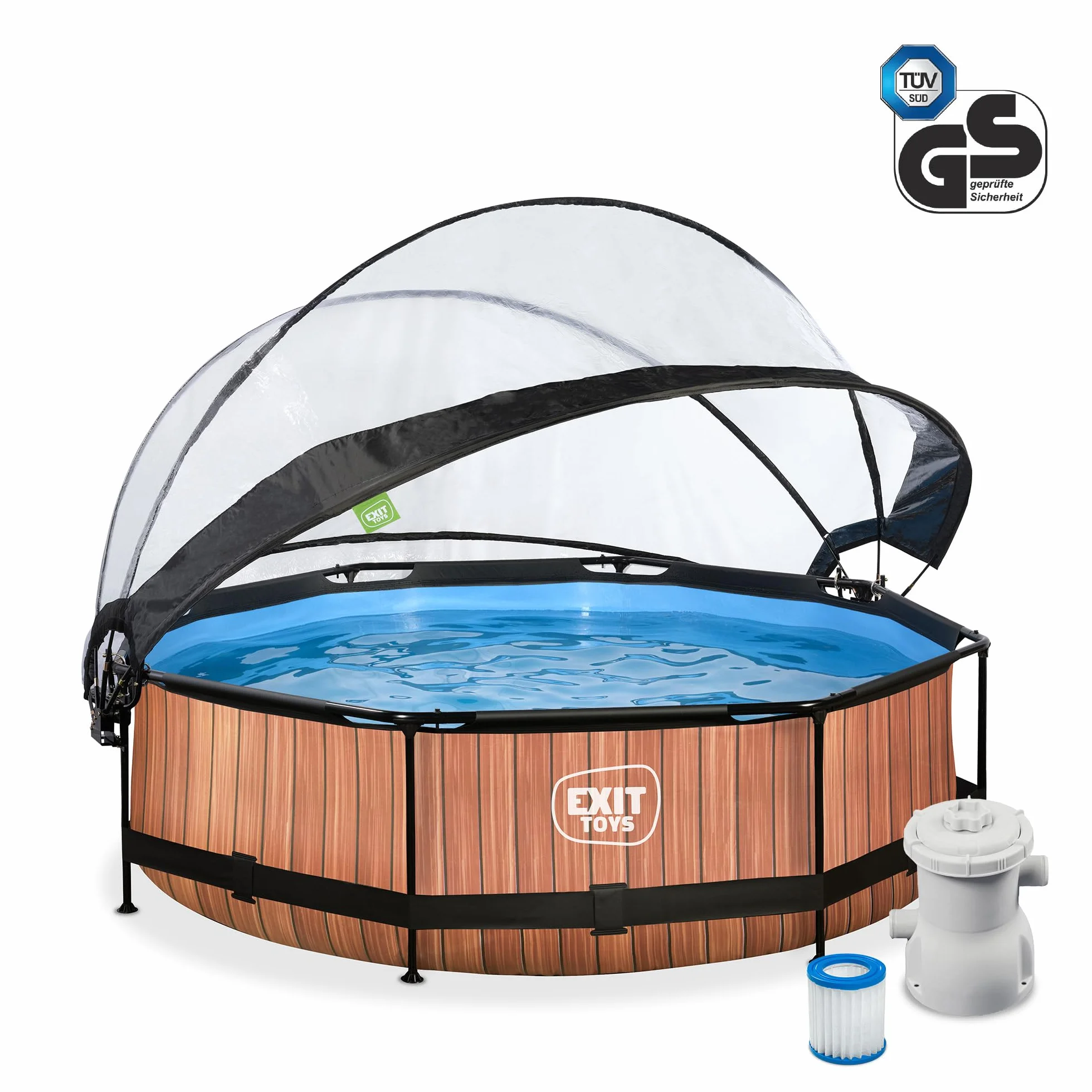 EXIT Toys Aufstellpool Rund ø 300 x 76 cm mit Abdeckplane – Pool mit Dach Für Kinder Geeignet – Filterpumpe, TÜV Geprüft – Wood – Braun