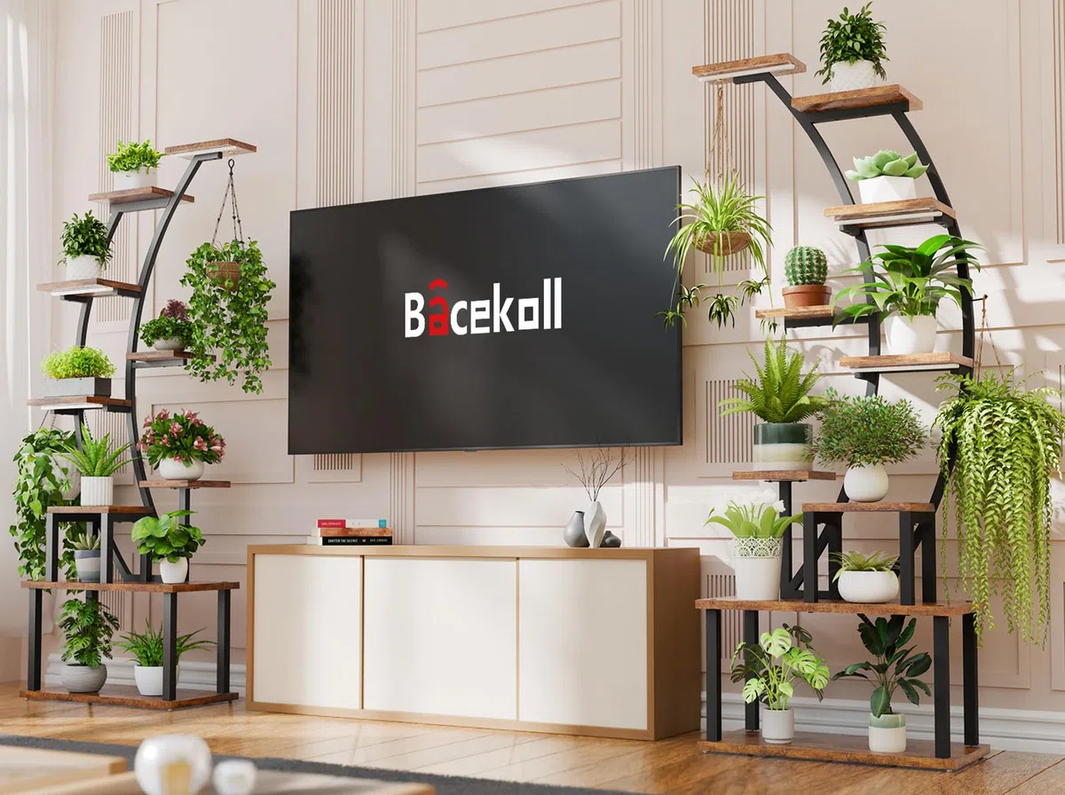 BACEKOLL Pflanzenregal mit Wachstumslicht - 9 Ebenen Blumenständer 160cm Metall Holz Pflanzenständer - Innen & Außen Blumentreppe - Dekoratives Schwarz Blumenregal für Innen Garten Balkon