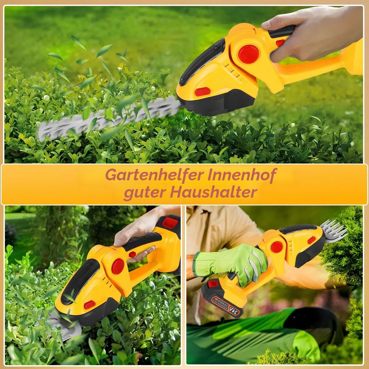 Akku Gras und Strauchschere 24V Rasenschere, Elektrische Heckenschere Rasentrimmer für Gartenarbeit mit verschiedenen Messer Aufsätzen, 30 cm Schere, 10 cm Grasmesser, Zwei 1500mAh Akkus und Ladegerät
