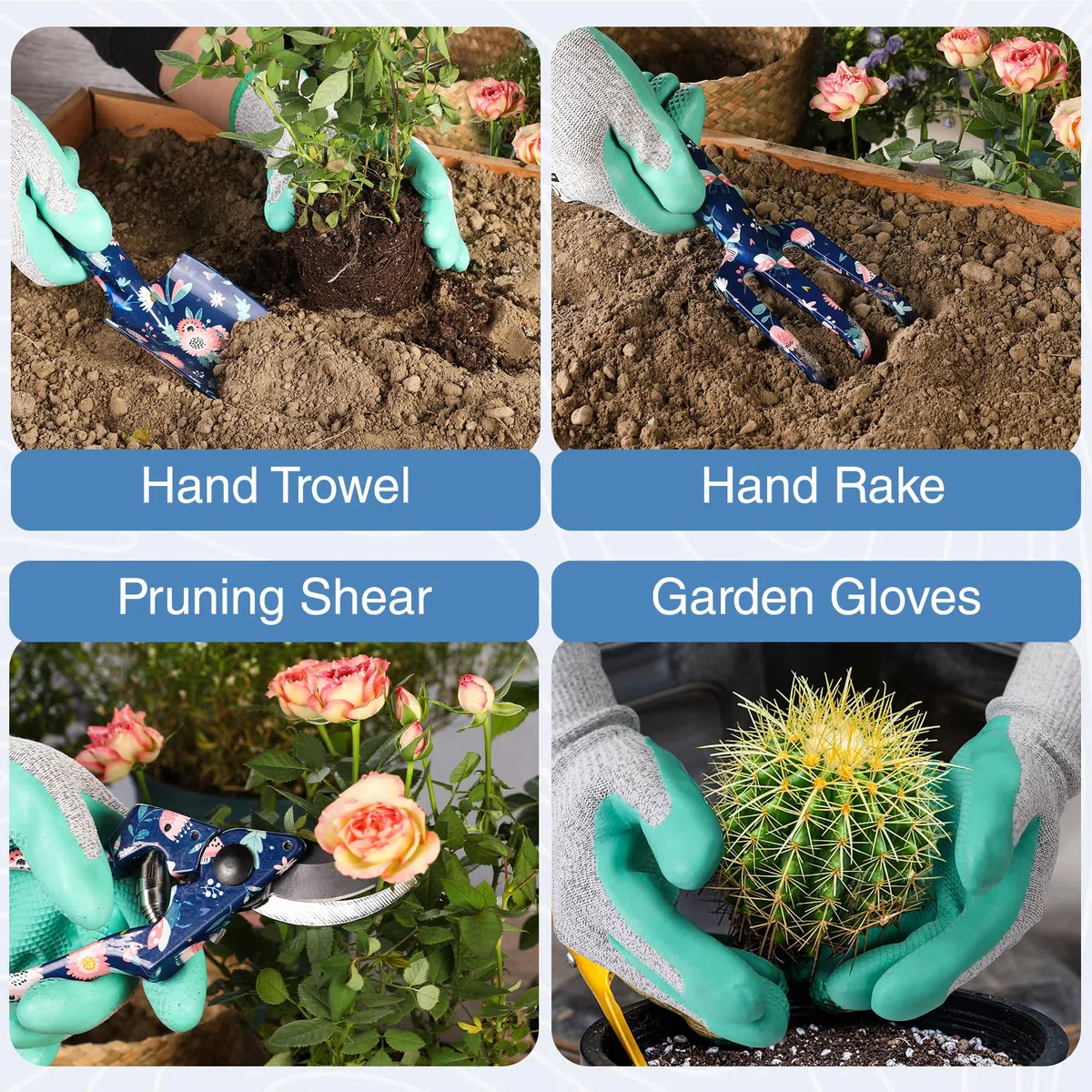 WORKPRO Aluminium-Gartenwerkzeug-Set, 4-teilig, robuste Handwerkzeuge mit Box, inklusive Kelle, Rechen, Gartenschere, Gartenhandschuhe, Blumen- und Insektendruck, Gartengeschenke
