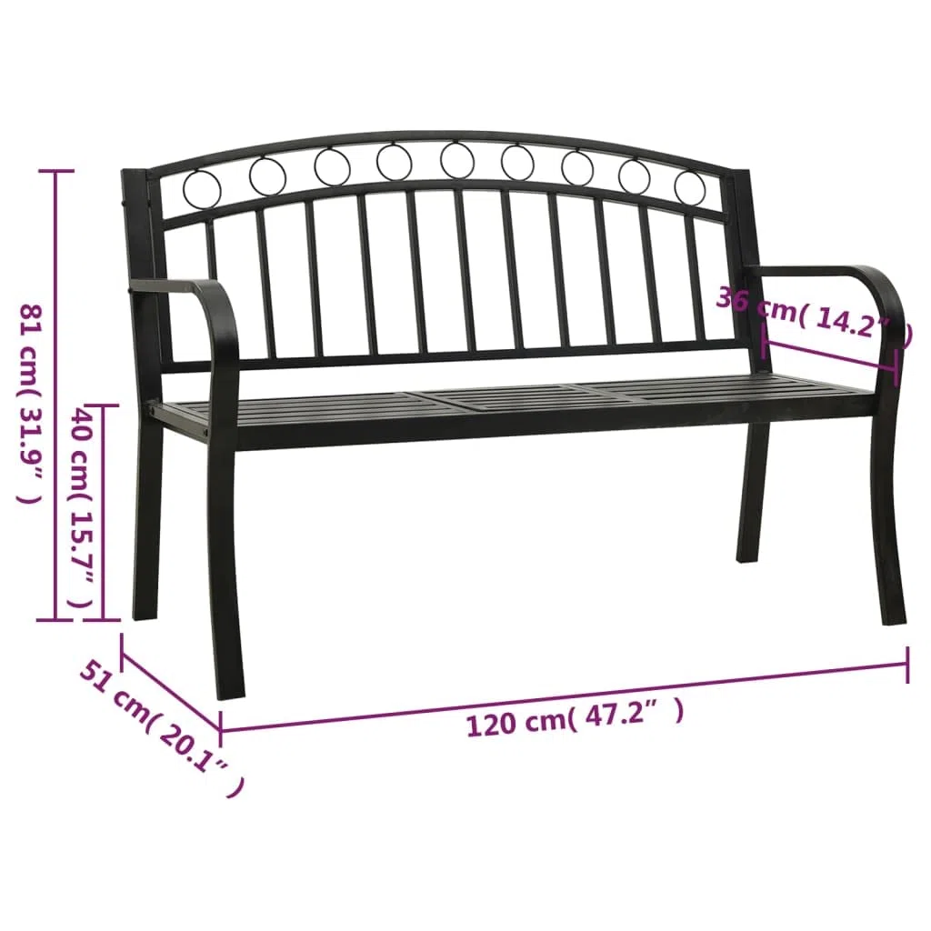 Gartenbank mit Tisch Schwarz aus pulverbeschichtetem Stahl 120 cm stabil für Terrasse Balkon Gartenweg als Sitzbank und Ruheplatz im Outdoor Bereich