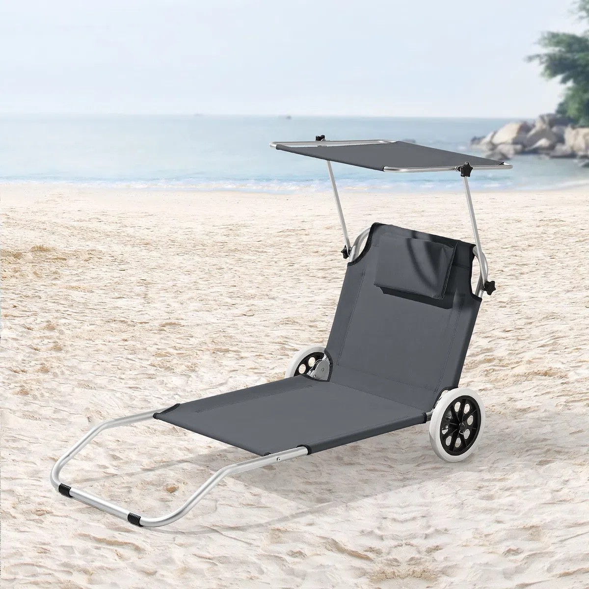 [en.casa] Sonnenliege Lazkano mit Rollen 150x62cm Gartenliege Liege Strandliege Aluminium Dunkelgrau