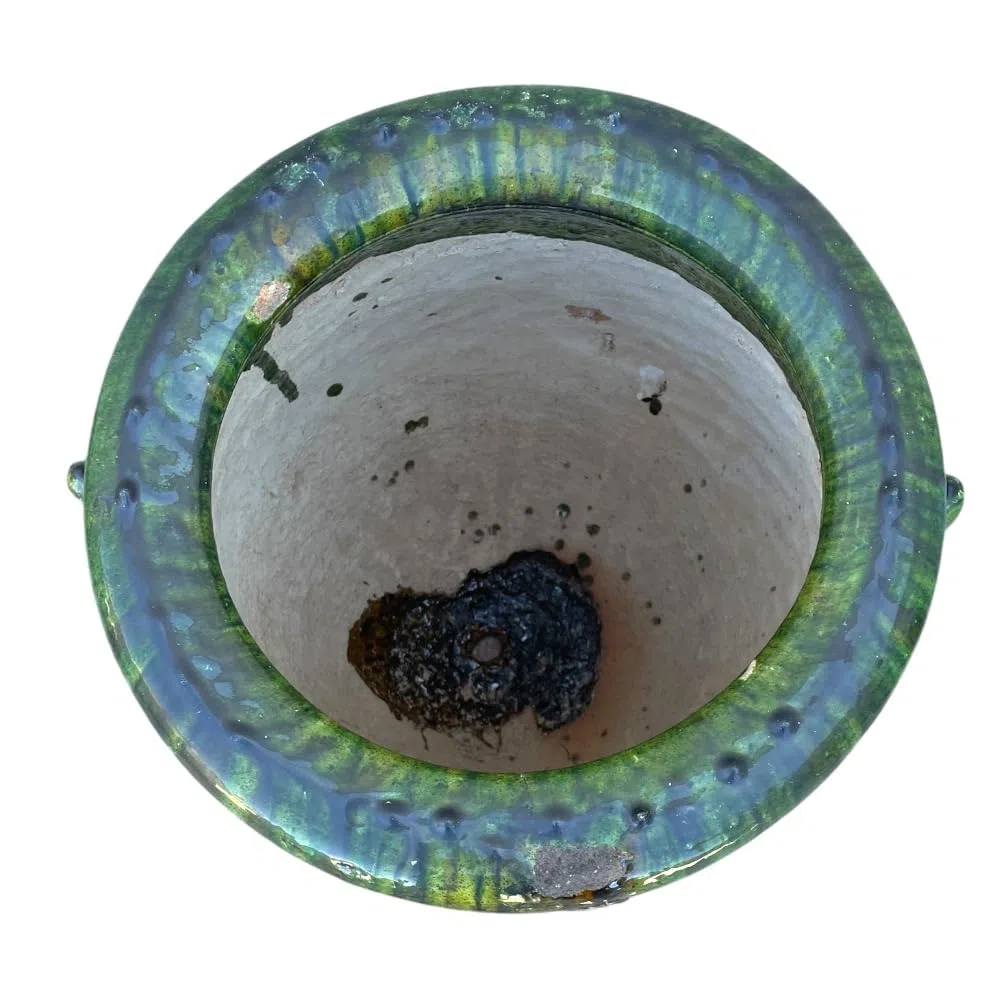 Marokkanische Vase Tamegroute, Amphore, handgefertigt, aus Keramik, Grün und Ocker, 38 x 38 x 62 cm