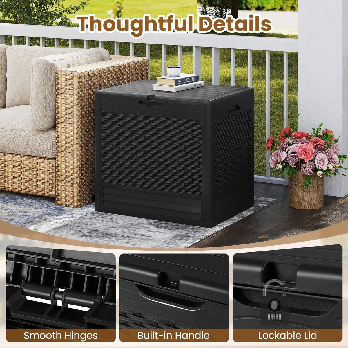 GIANTEX 96L Gartenbox, wasserdichte Auflagenbox für In- & Outdoor, abschließbarer Aufbewahrungsbox Rattanoptik, Kissenbox für Paketlieferung, Poolzubehör & Gartengeräte (Schwarz)