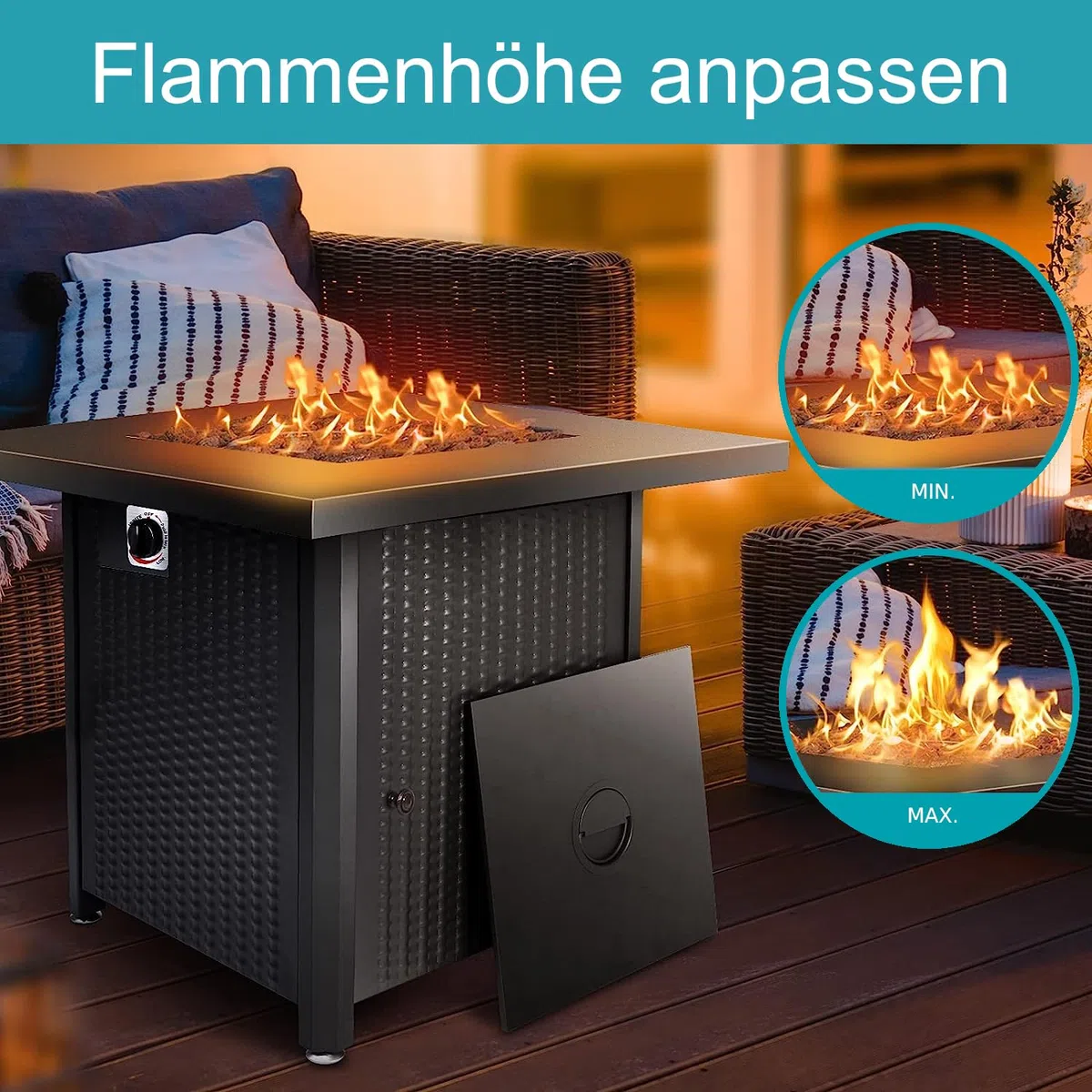 APANA Gas Feuerstelle Outdoor Feuertisch mit Gasfeuerstelle für Terrasse Balkon Garten 50000 BTU mit Lavasteinen und Abdeckhaube