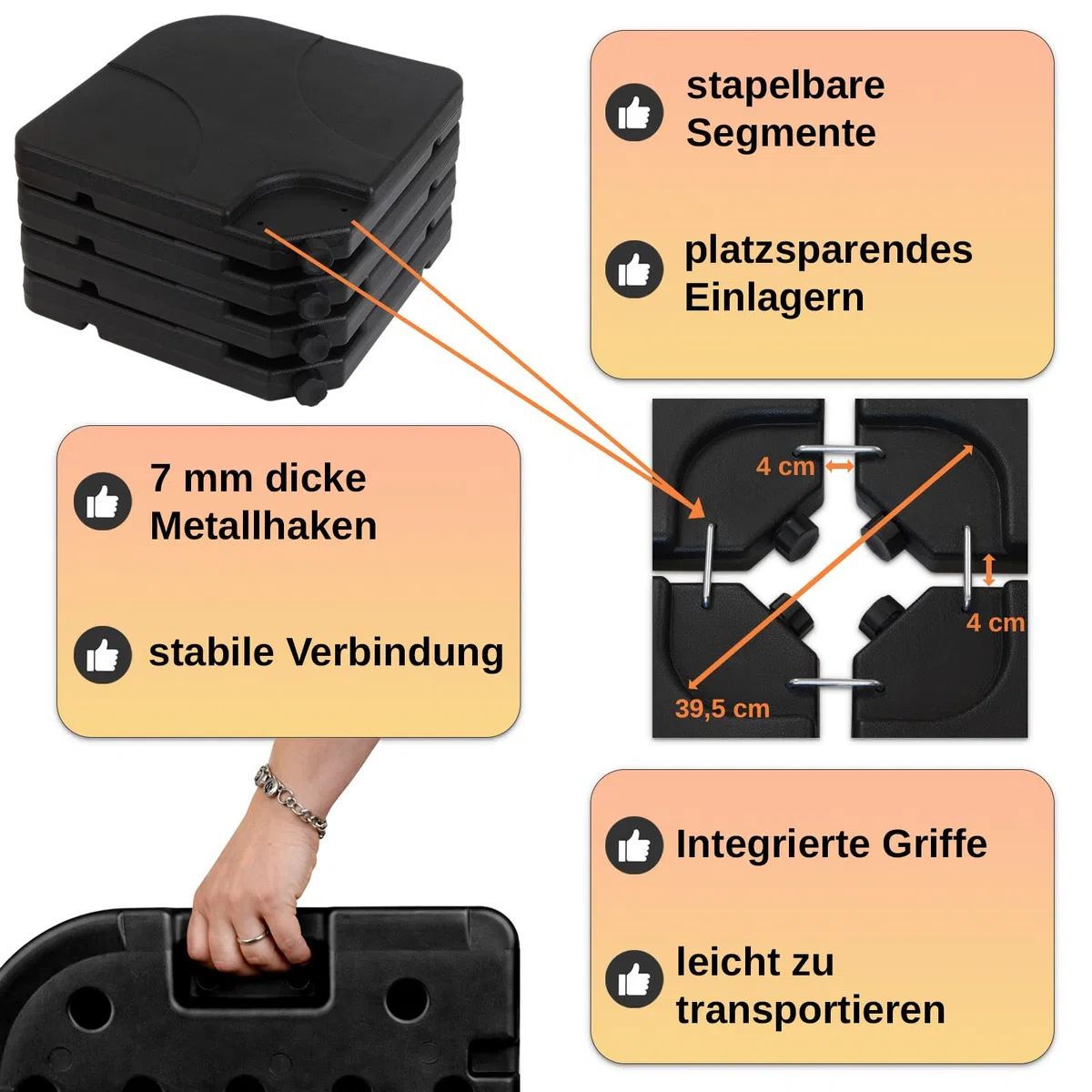 Montafox Sonnenschirmständer 4-teilig Schirmgewicht für Ampelschirm Bodenkreuz schwarz 60 Liter / 100 kg - befüllbar mit Wasser oder Sand 7 Jahre Garantie auf Material*