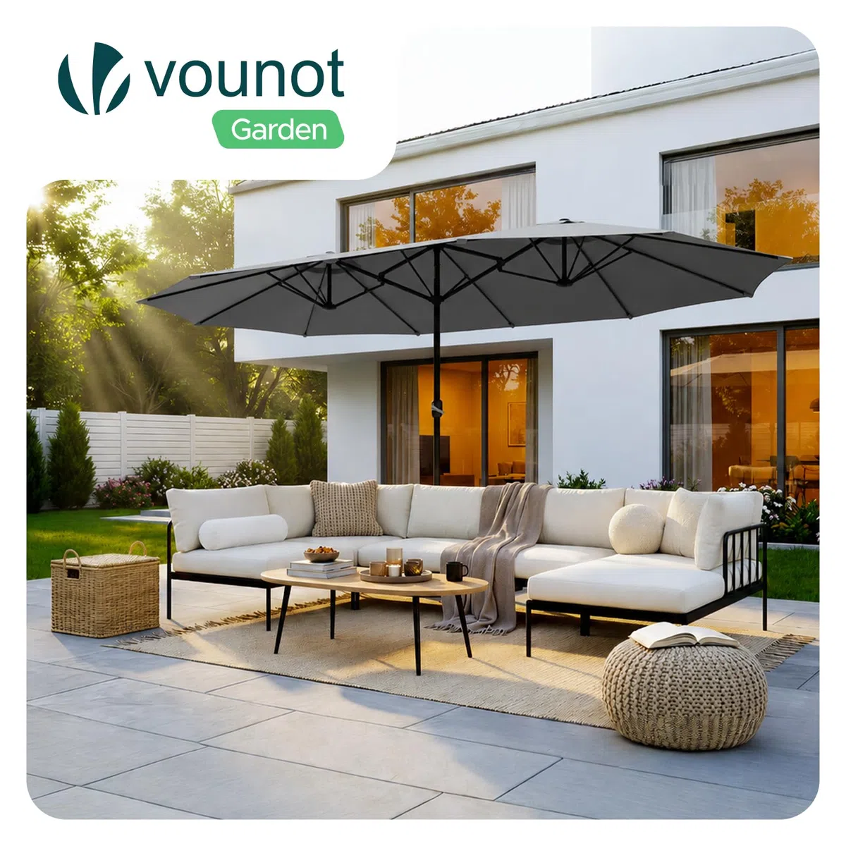 VOUNOT Doppelsonnenschirm mit Handkurbel, Sonnenschirm Marktschirm Gartenschirm Terrassenschirm, Sonnenschutz, 460 x 270 cm, Grau