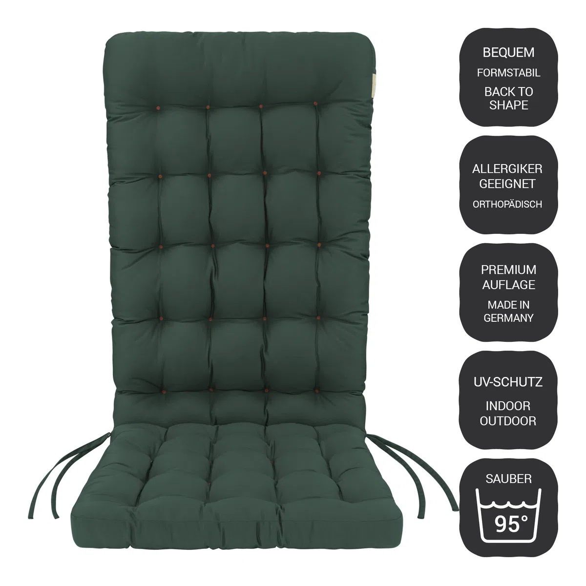 Hochlehner Auflage (1 St.) - Sitzpolster Gartenstuhl - Bequem, Wetterfest, Waschbar bis 95°C, Orthopädisch - Made in Germany (1 Stück - 120x48 cm, Moosgrün)