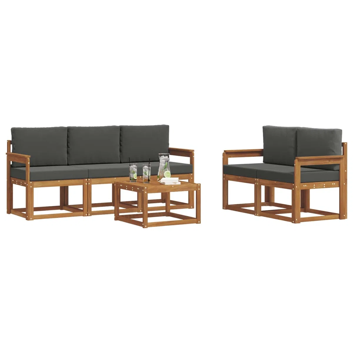 Outdoor-Sofagarnitur aus massivem Akazienholz mit Kissen 6-teilig Natur und Anthrazit, wetterbeständig, modulare Sitzgruppe mit Tisch, ideal für Garten Terrasse und entspannte Abende
