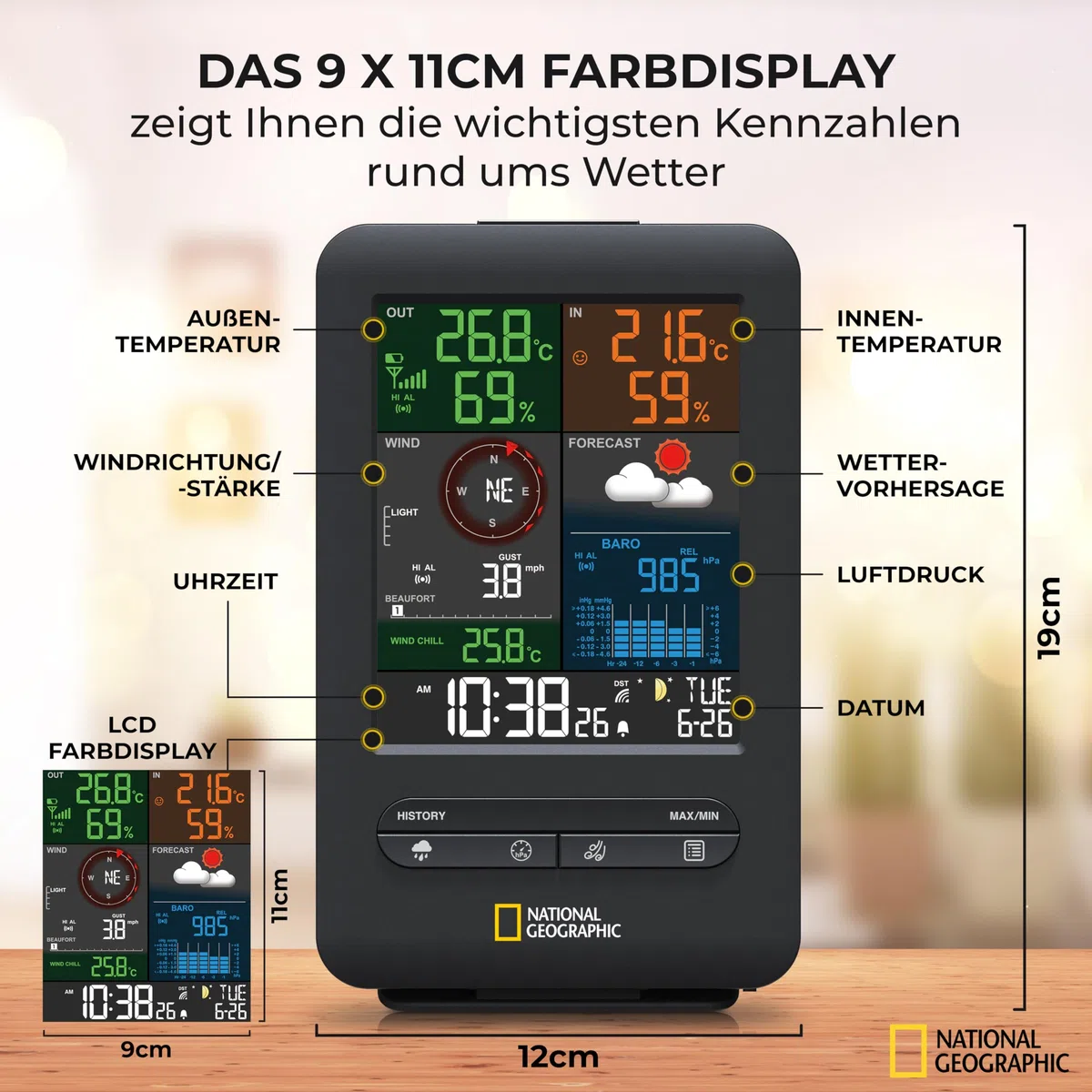 National Geographic Wetterstation Funk mit Außensensor Wetter Center 5-in-1 Colour mit Außensensor für Temperatur, Luftfeuchtigkeit, Luftdruck, Windmesser und Regenmesser, schwarz | Temperatur, Luftfeuchtigkeit, Regenmesser, Windmesser, Wettervorhersage,