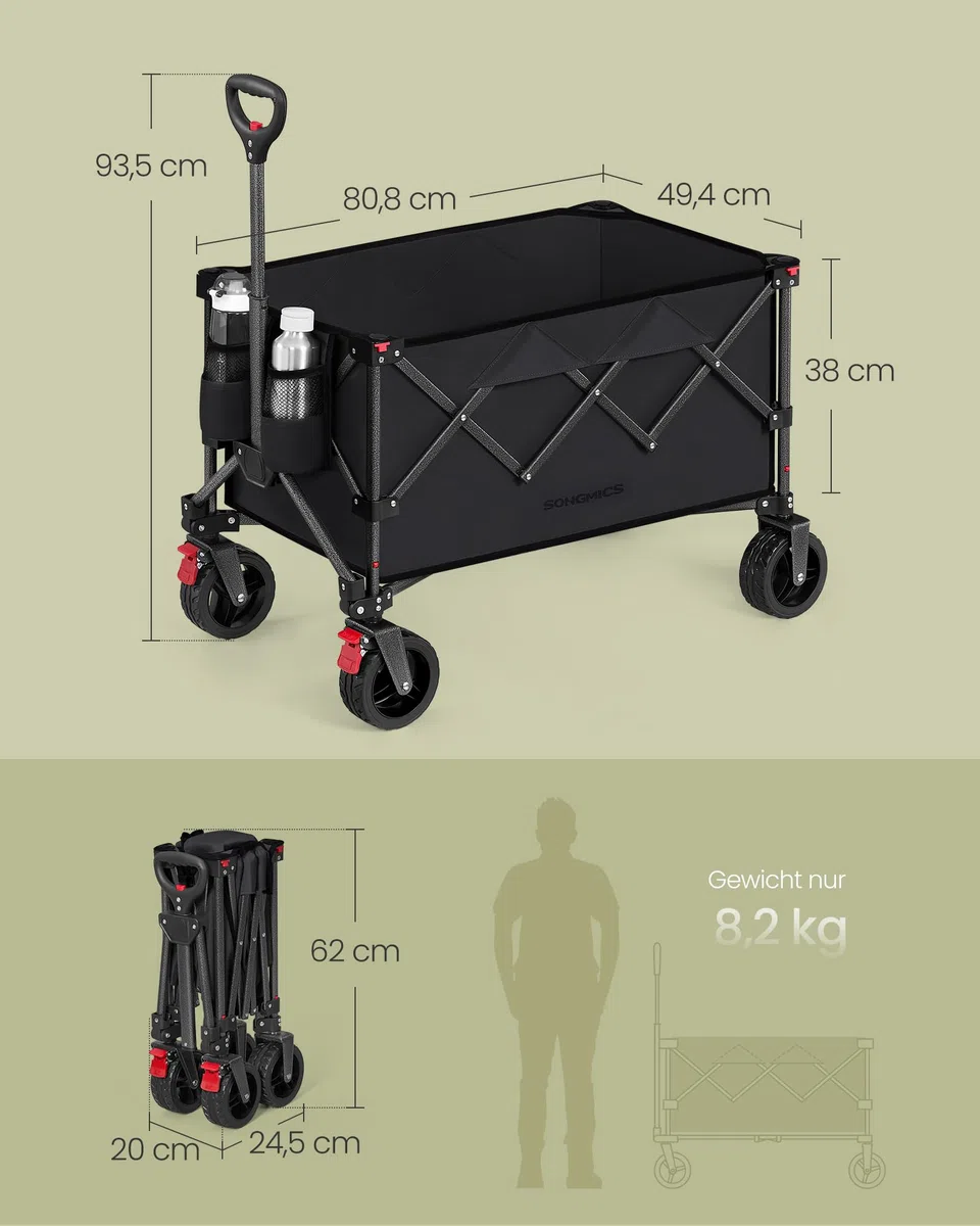 SONGMICS Handwagen faltbar, Bollerwagen, Gartenwagen, Campingwagen mit Griff, 4 abnehmbaren Rollen, platzsparend, Outdoor, Garten, 150 L, bis 150 kg belastbar, tintenschwarz GFW115B01
