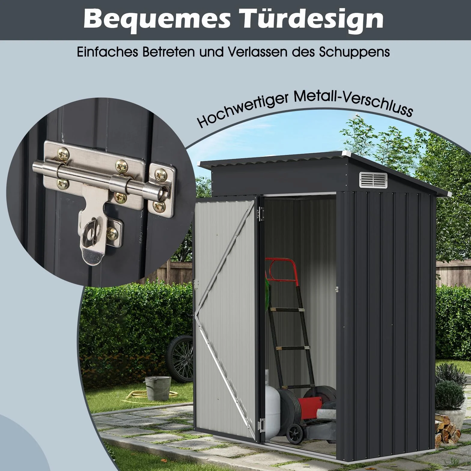 COSTWAY Gartenhaus Metall, Gerätehaus mit Pultdach & Tür (Dunkelgrau) | Geräteschuppen abschließbar, Gartenhütte Gartenschuppen, Garten Schuppen Outdoor, 150 x 90,5 x 185 cm | 1,5 m³
