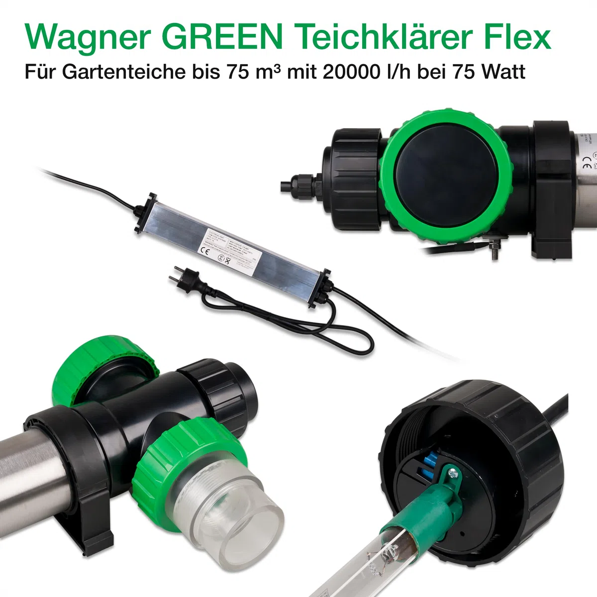 Wagner Green Flex UVC Teichklärer 75 Watt T5 - Flexible vielseitige Anschlussmöglichkeiten - Teich UVC Klärer bis 75 m³ - Koi Teich bis 35 m³ - Strahler zur Entkeimung - Sterilisator Algenvernichter