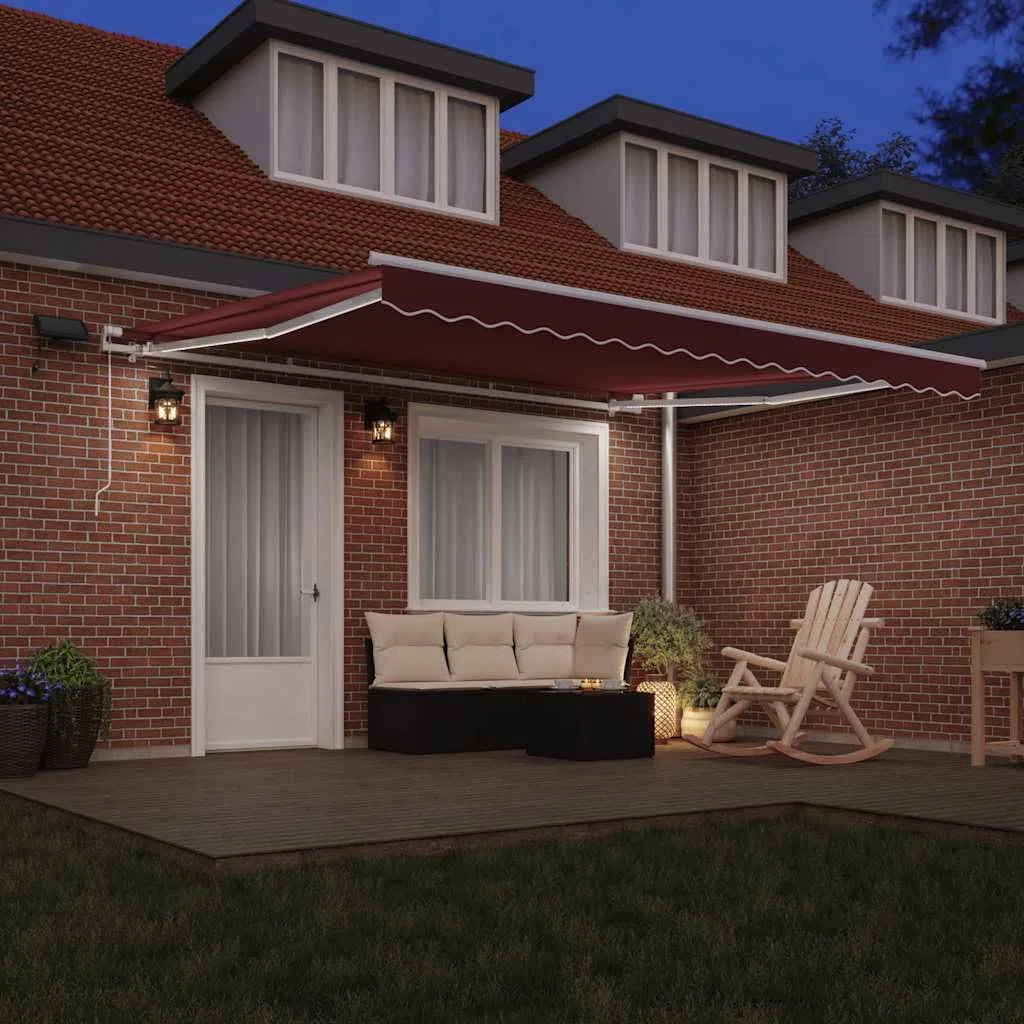 Markise manuell mit LED Beleuchtung, wasserfester UV-Schutz aus Polyester, 400x300 cm, wetterfest, ausfahrbar mit Kurbel, ideal für Terrasse Balkon Garten, weinrot, Aluminiumrahmen weiß