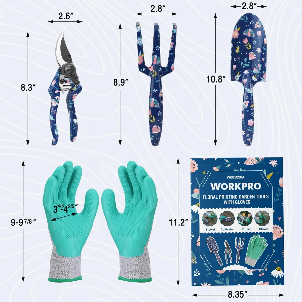 WORKPRO Aluminium-Gartenwerkzeug-Set, 4-teilig, robuste Handwerkzeuge mit Box, inklusive Kelle, Rechen, Gartenschere, Gartenhandschuhe, Blumen- und Insektendruck, Gartengeschenke