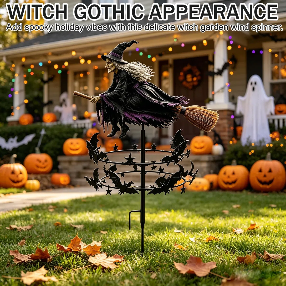 Halloween Gartenstecker Metall Hexe, Windspinner Garten Deko mit Dreh Effekt, Outdoor Gartendekoration für Rasen Terrasse Balkon, Herbst Dekoration und Halloween Party Zubehör，3