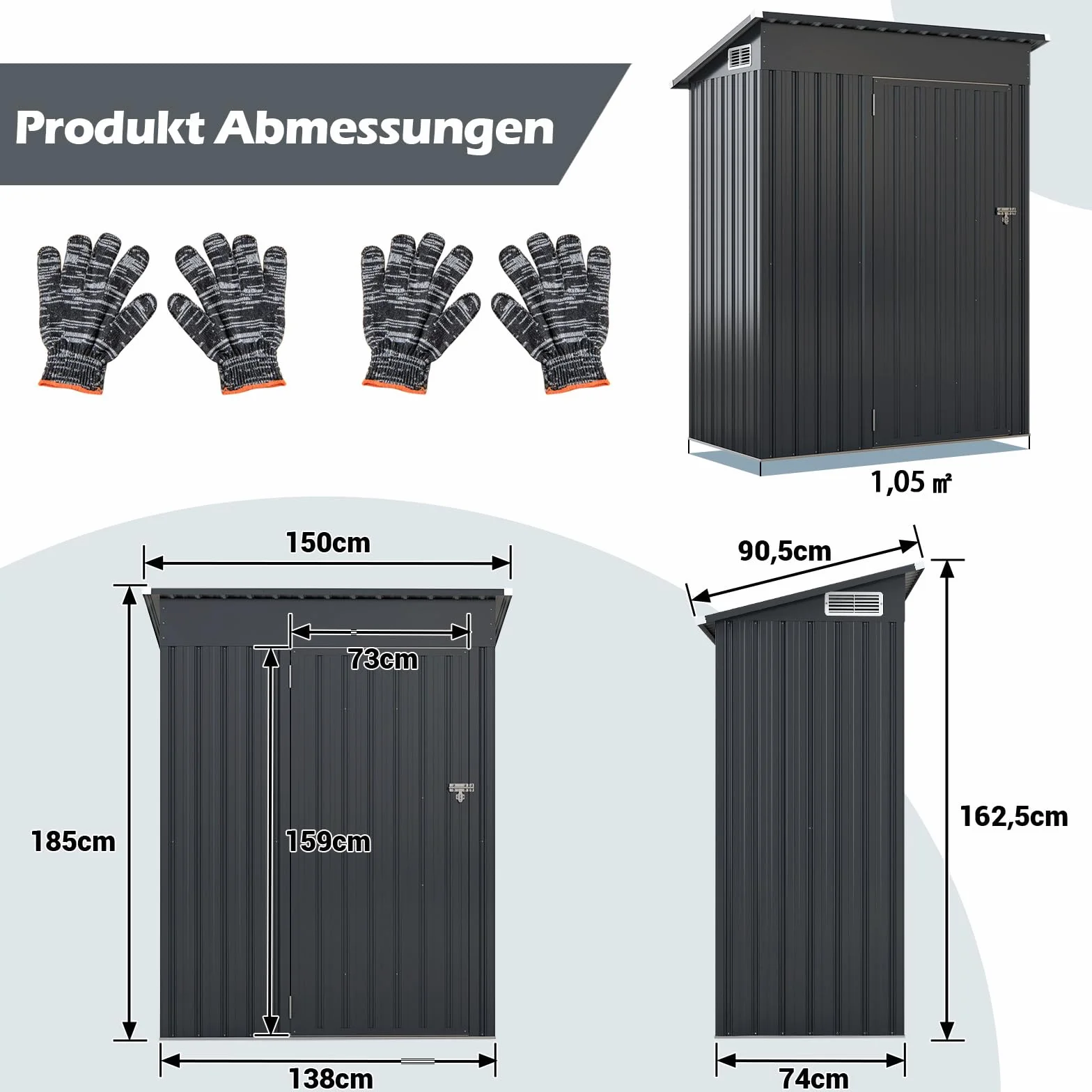 COSTWAY Gartenhaus Metall, Gerätehaus mit Pultdach & Tür (Dunkelgrau) | Geräteschuppen abschließbar, Gartenhütte Gartenschuppen, Garten Schuppen Outdoor, 150 x 90,5 x 185 cm | 1,5 m³